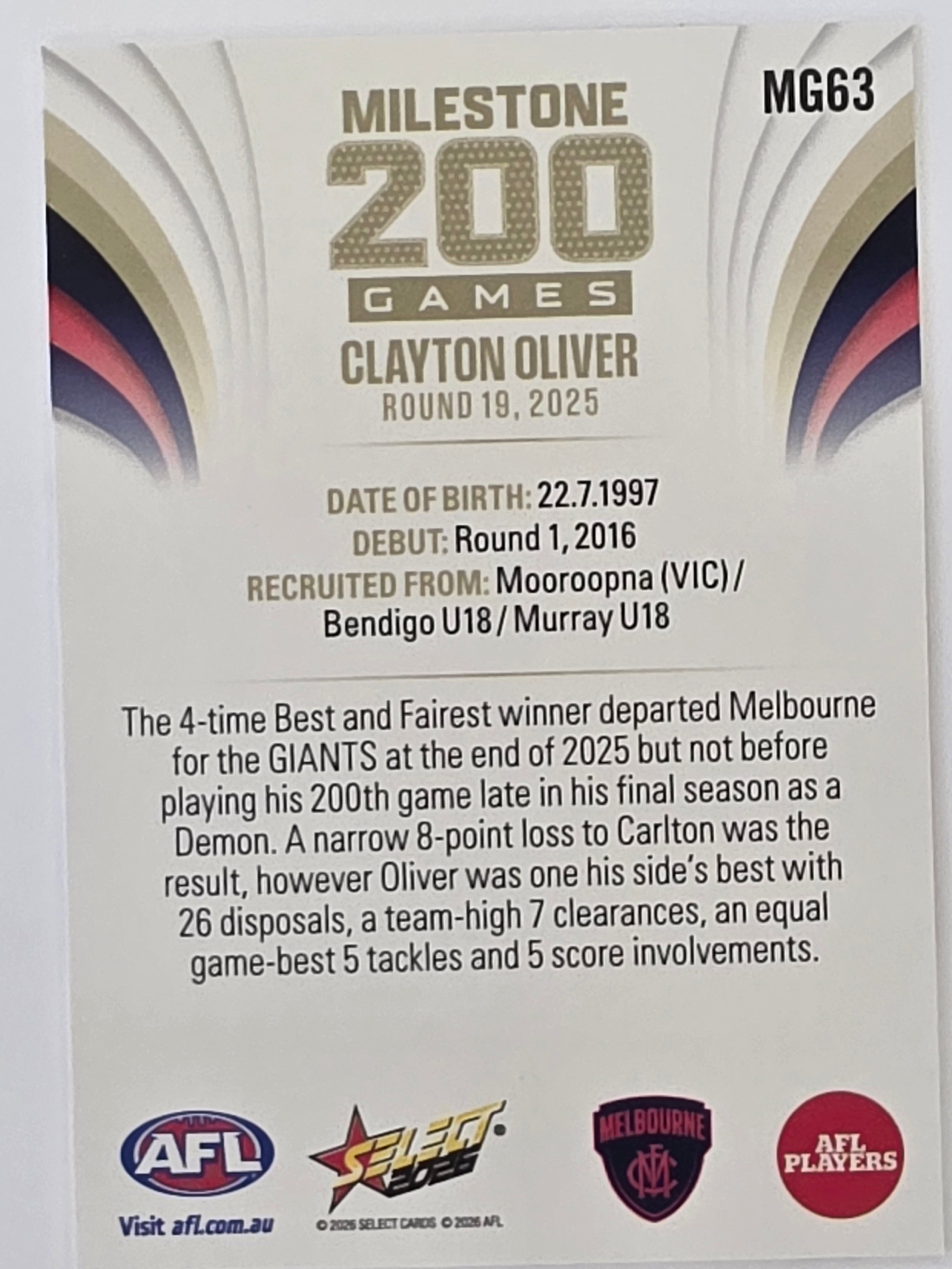 2026 AFL Footy Stars Milestone Games MG63 Clayton Oliver - Melbourne Demons