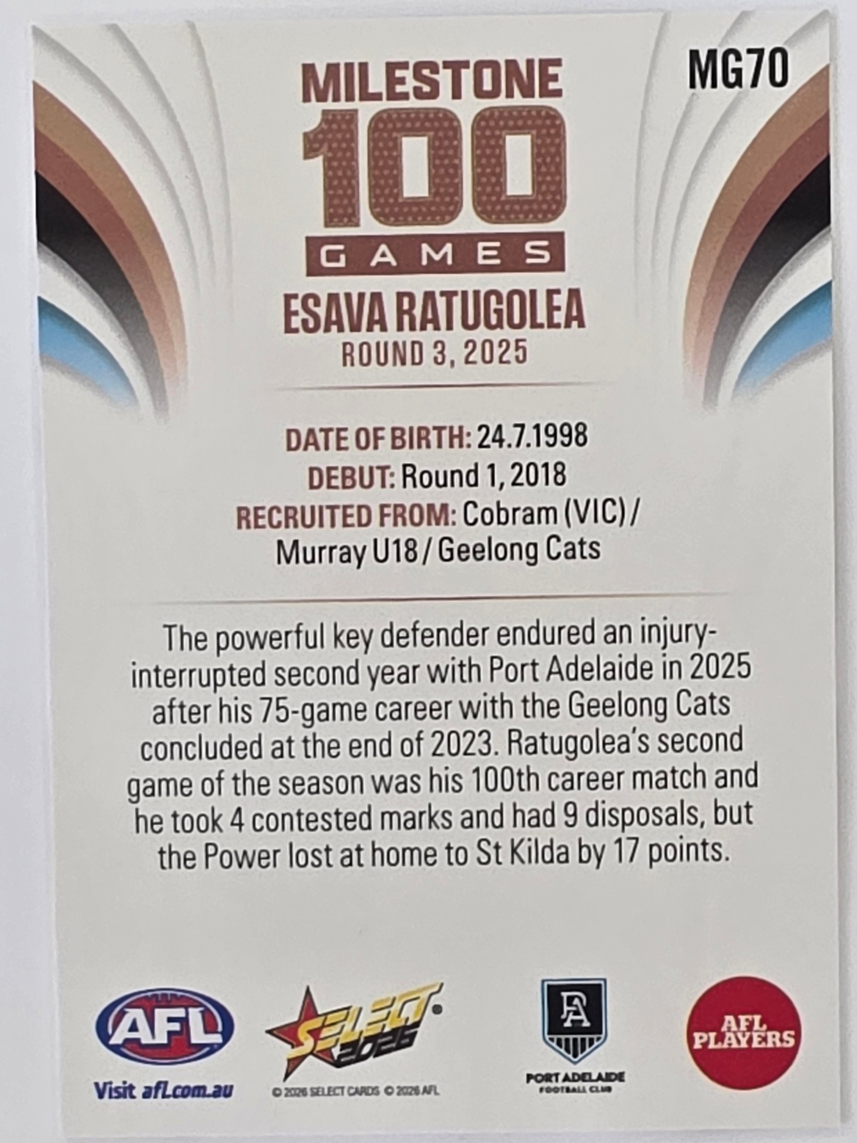 2026 AFL Footy Stars Milestone Games MG70 Esava Ratugolea - Port Adelaide Power