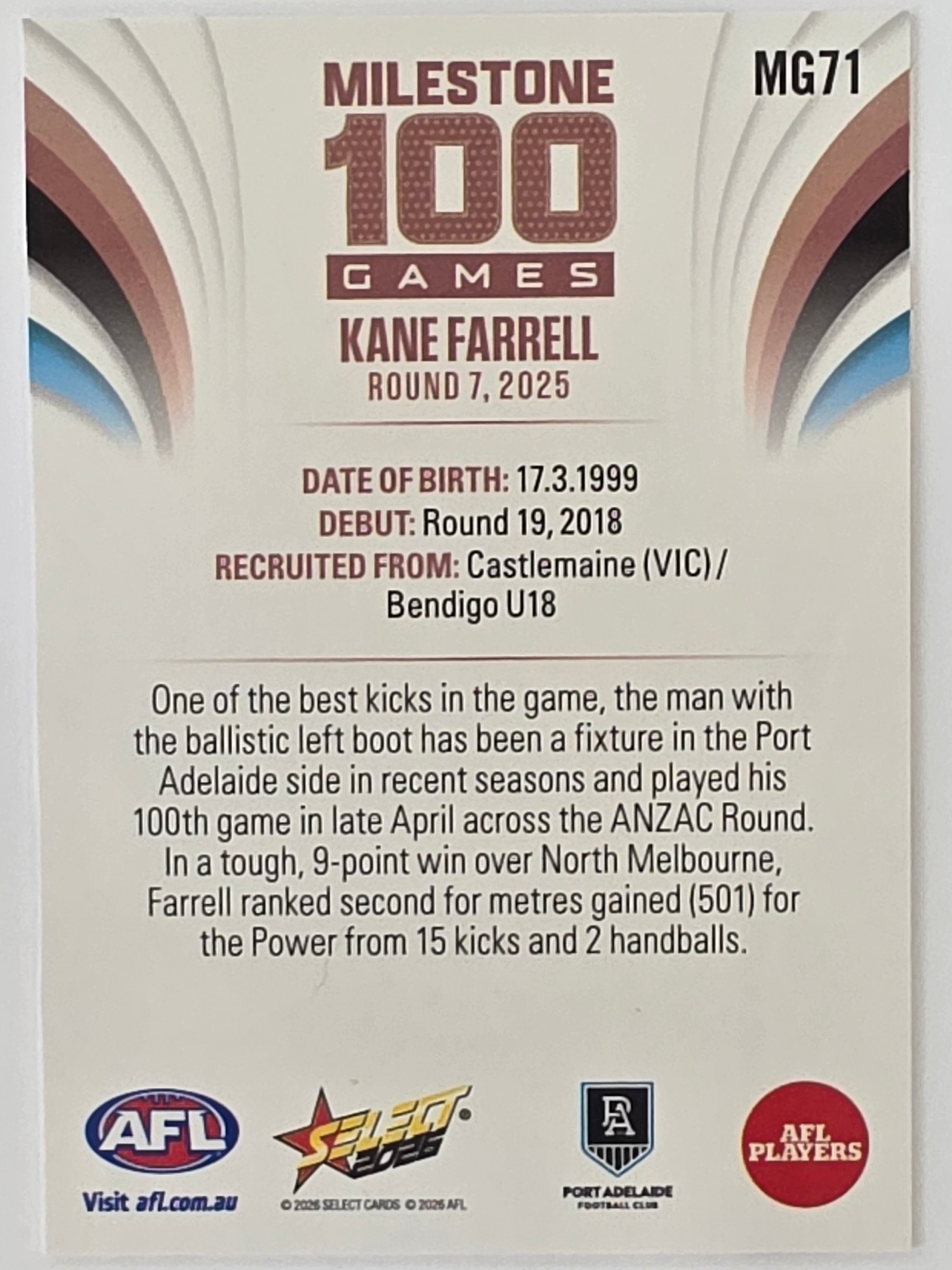 2026 AFL Footy Stars Milestone Games MG71 Kane Farrell - Port Adelaide Power