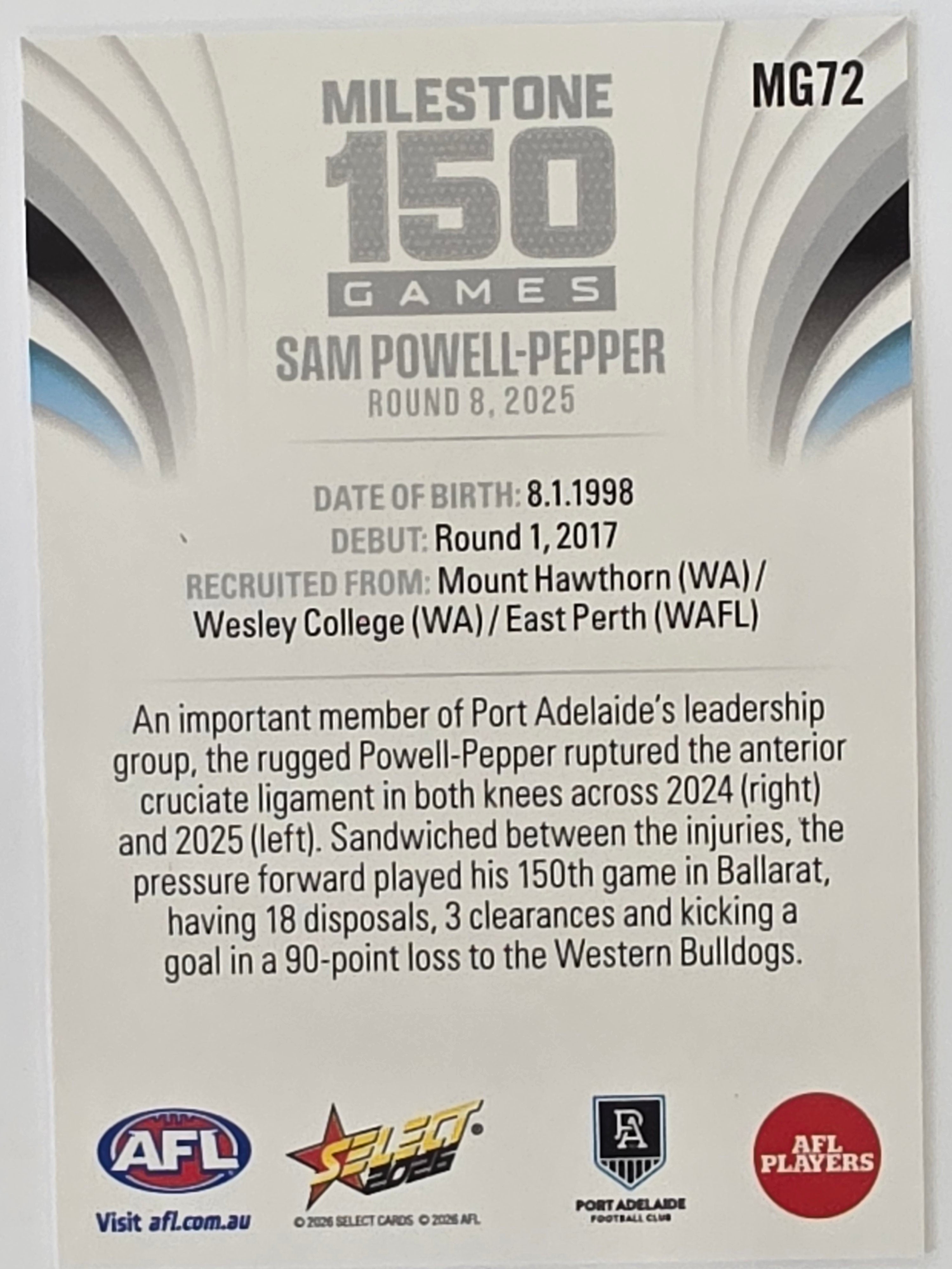 2026 AFL Footy Stars Milestone Games MG72 Sam Powell-Pepper - Port Adelaide Power