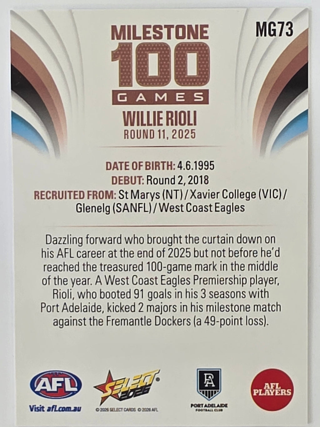 2026 AFL Footy Stars Milestone Games MG73 Willie Rioli - Port Adelaide Power