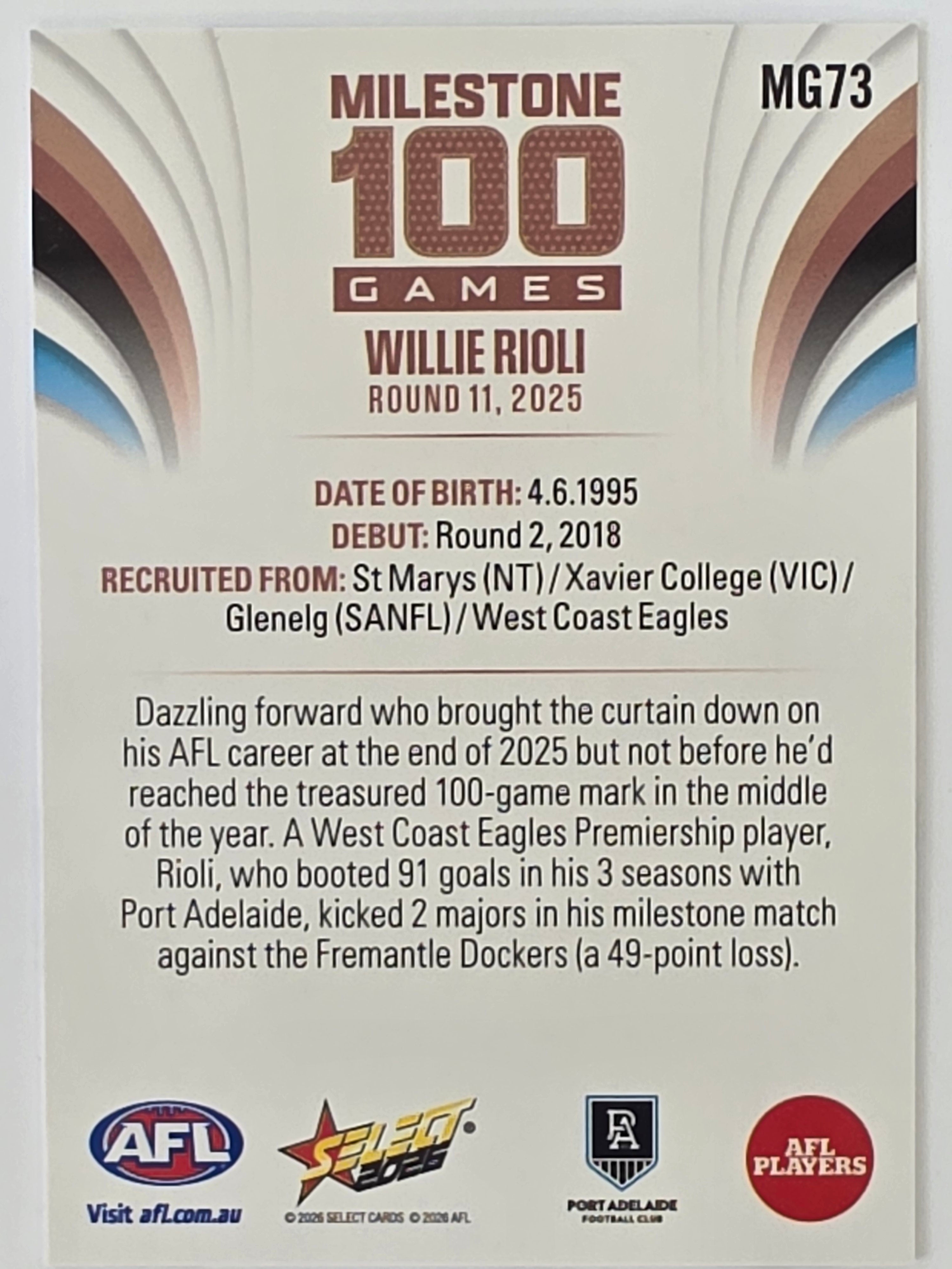 2026 AFL Footy Stars Milestone Games MG73 Willie Rioli - Port Adelaide Power