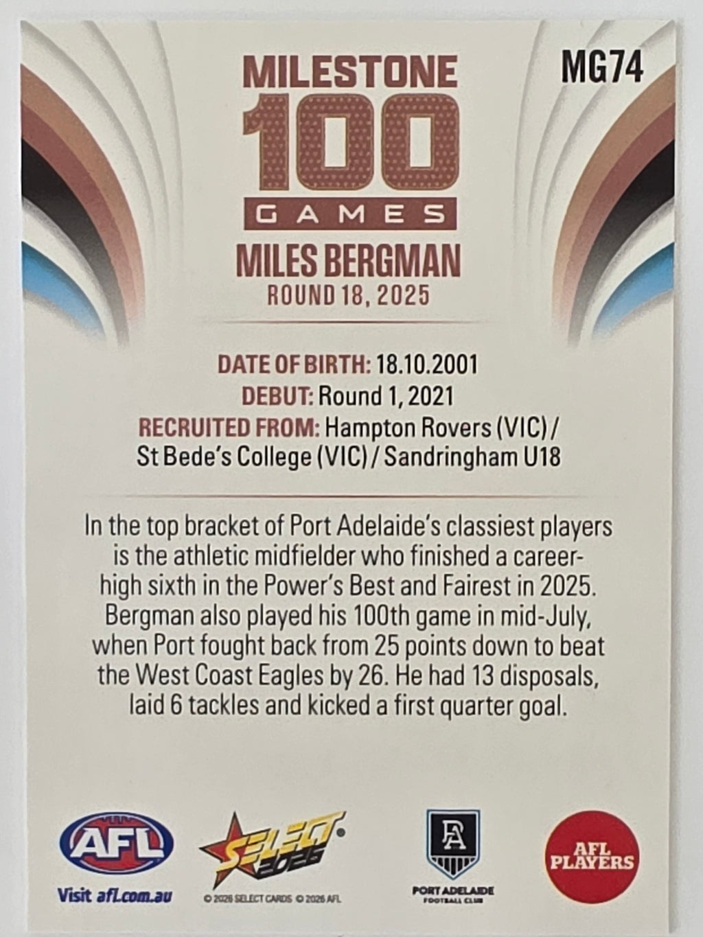 2026 AFL Footy Stars Milestone Games MG74 Miles Bergman - Port Adelaide Power