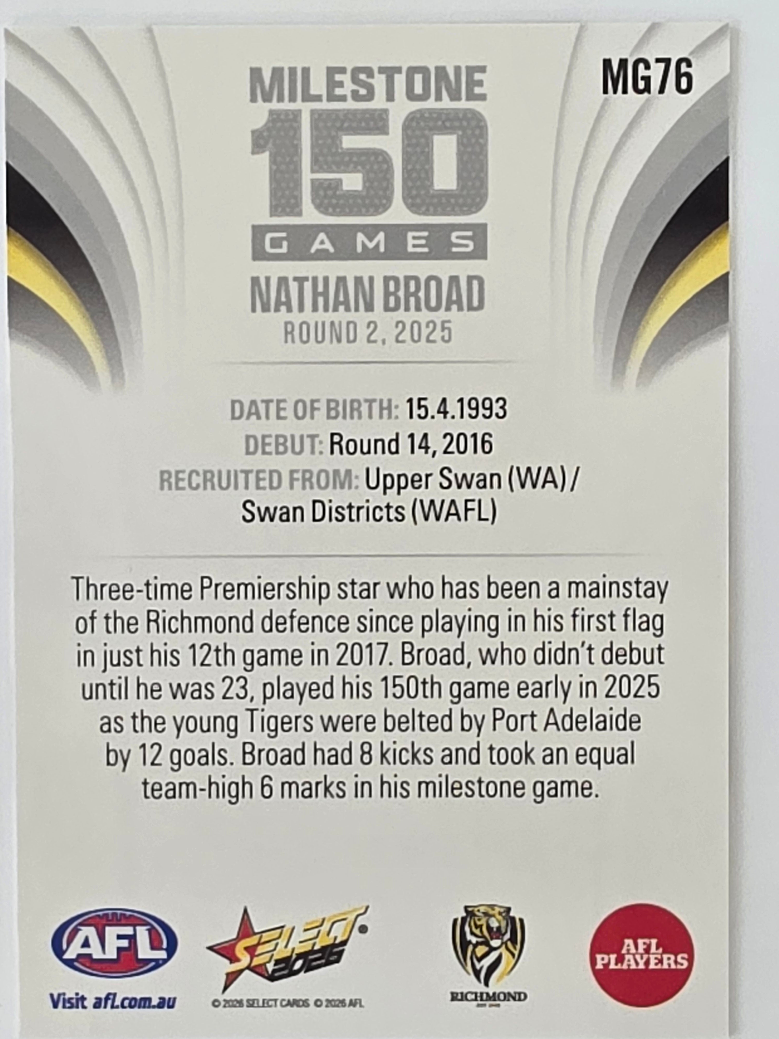 2026 AFL Footy Stars Milestone Games MG76 Nathan Broad - Richmond Tigers