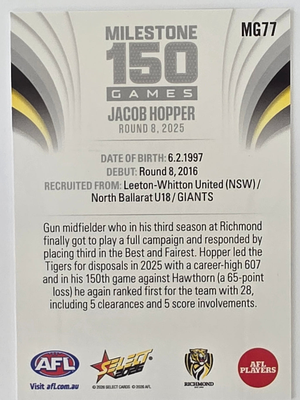 2026 AFL Footy Stars Milestone Games MG77 Jacob Hopper - Richmond Tigers