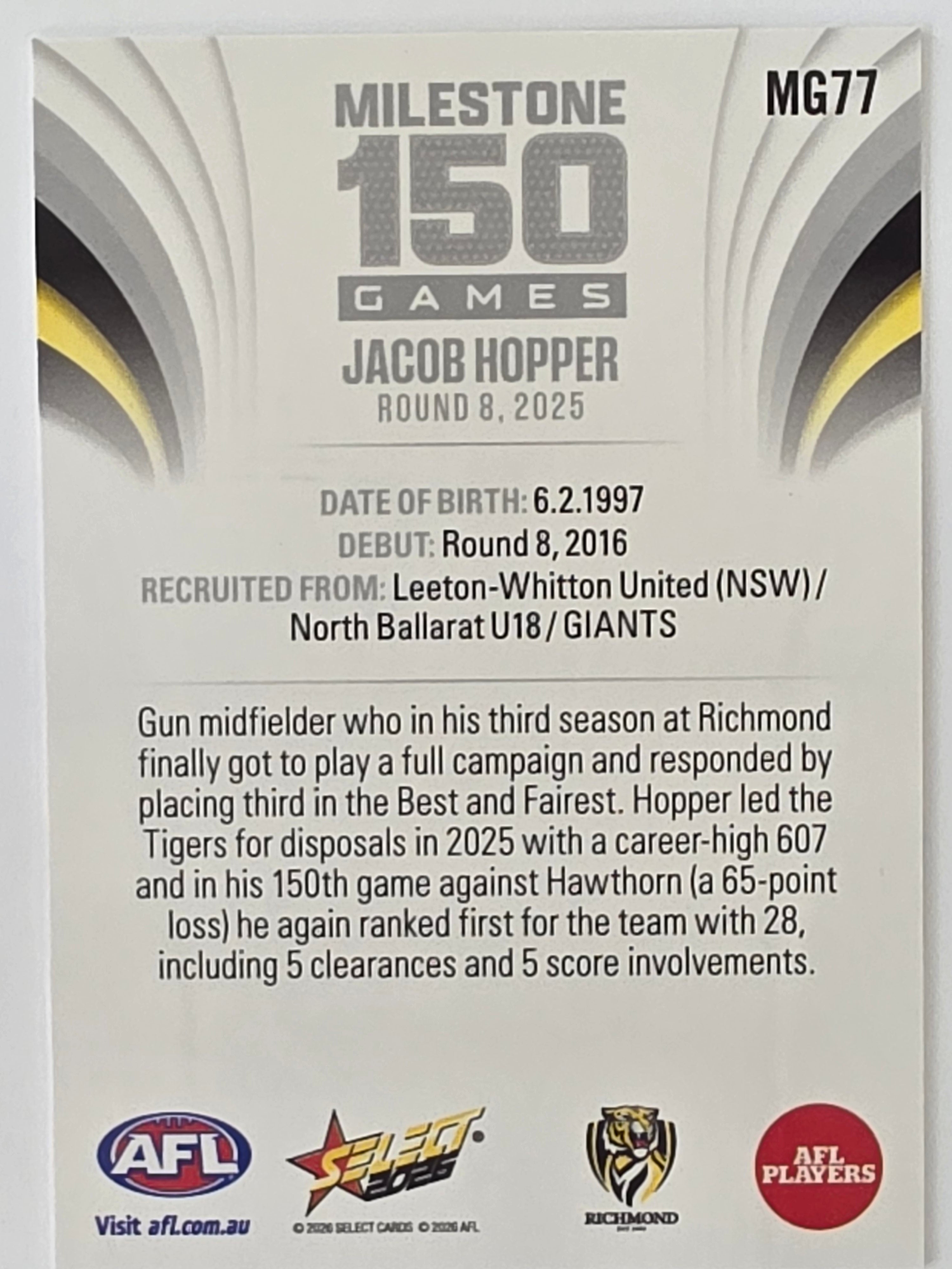 2026 AFL Footy Stars Milestone Games MG77 Jacob Hopper - Richmond Tigers
