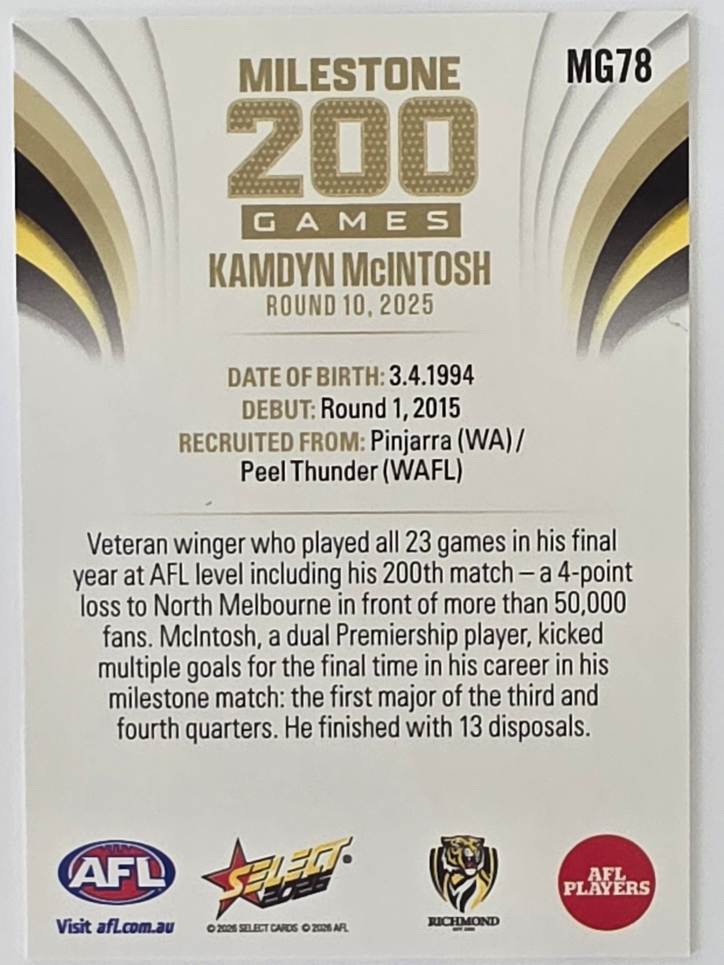 2026 AFL Footy Stars Milestone Games MG78 Kamdyn McIntosh - Richmond Tigers