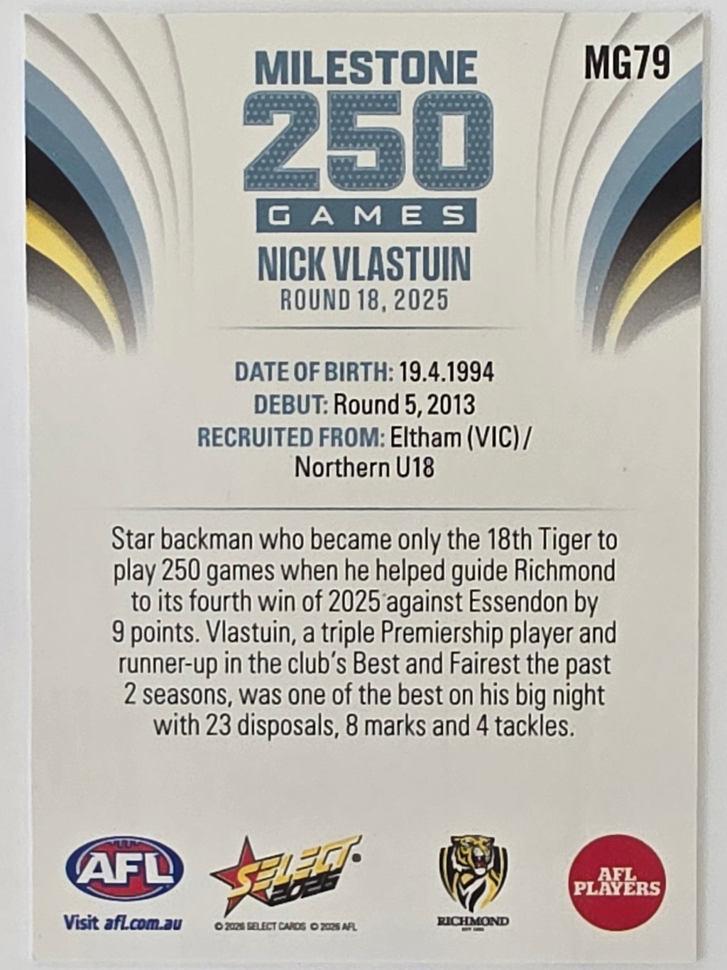 2026 AFL Footy Stars Milestone Games MG79 Nick Vlastuin - Richmond Tigers