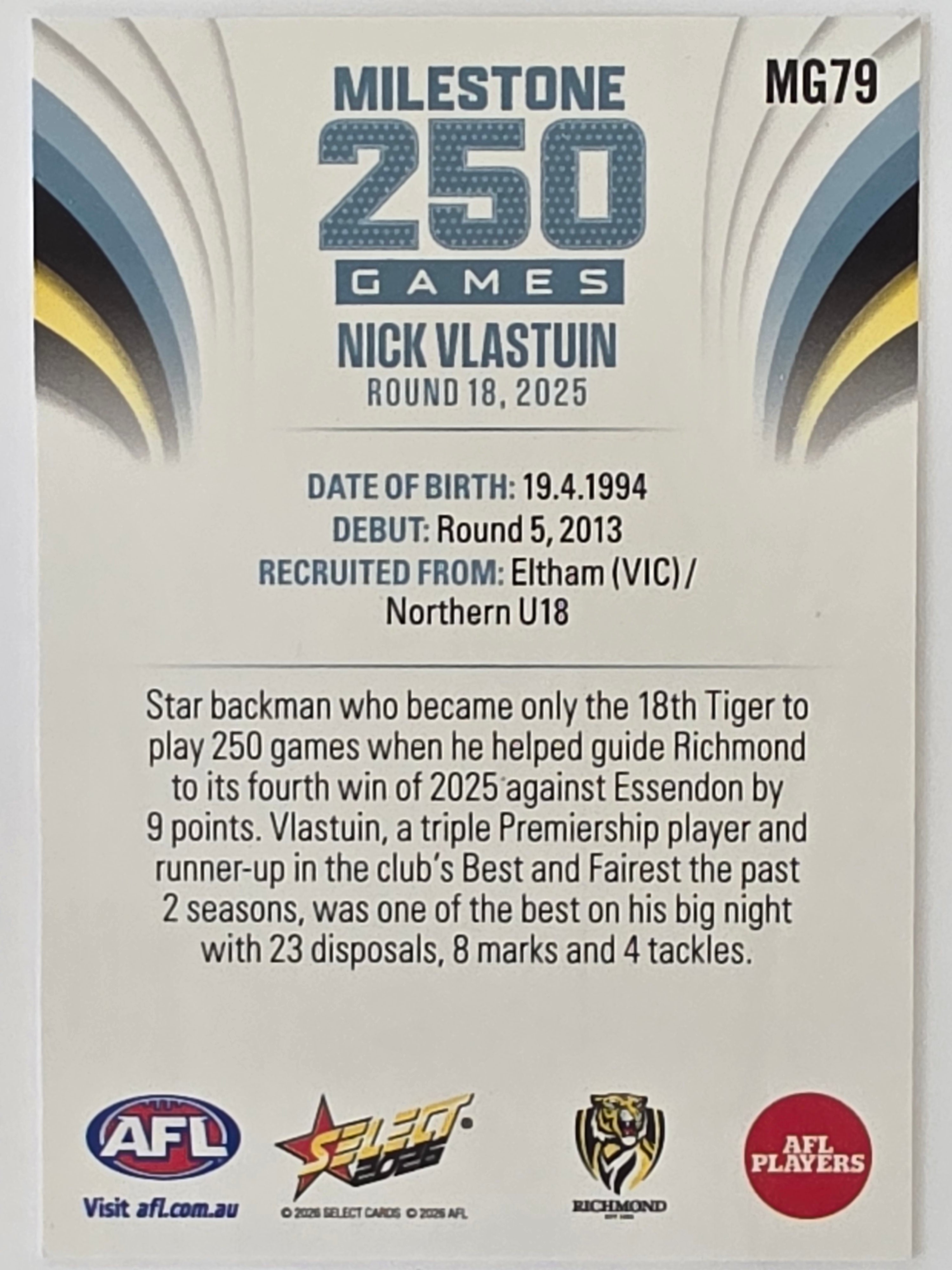 2026 AFL Footy Stars Milestone Games MG79 Nick Vlastuin - Richmond Tigers