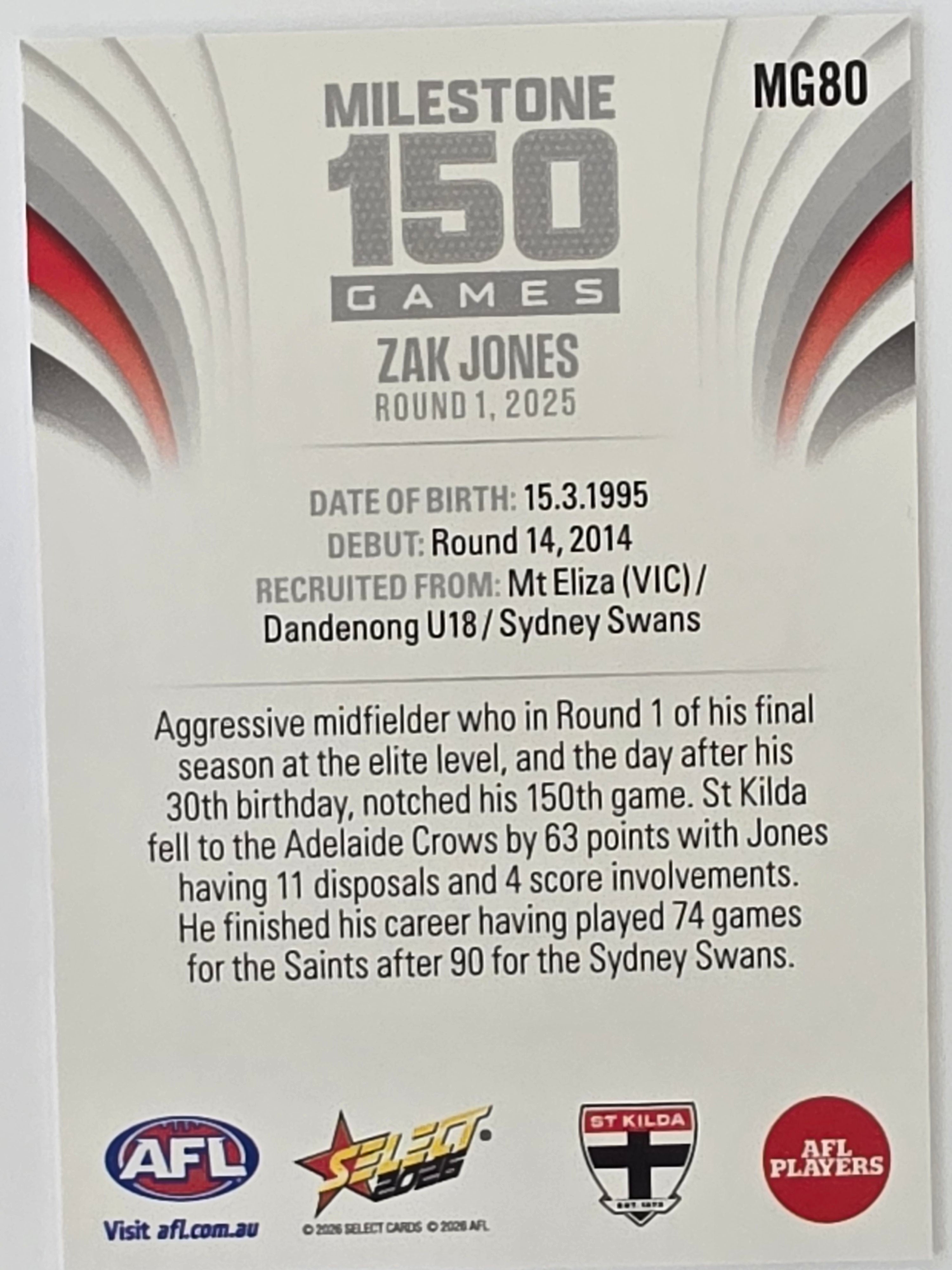 2026 AFL Footy Stars Milestone Games MG80 Zak Jones - St Kilda Saints