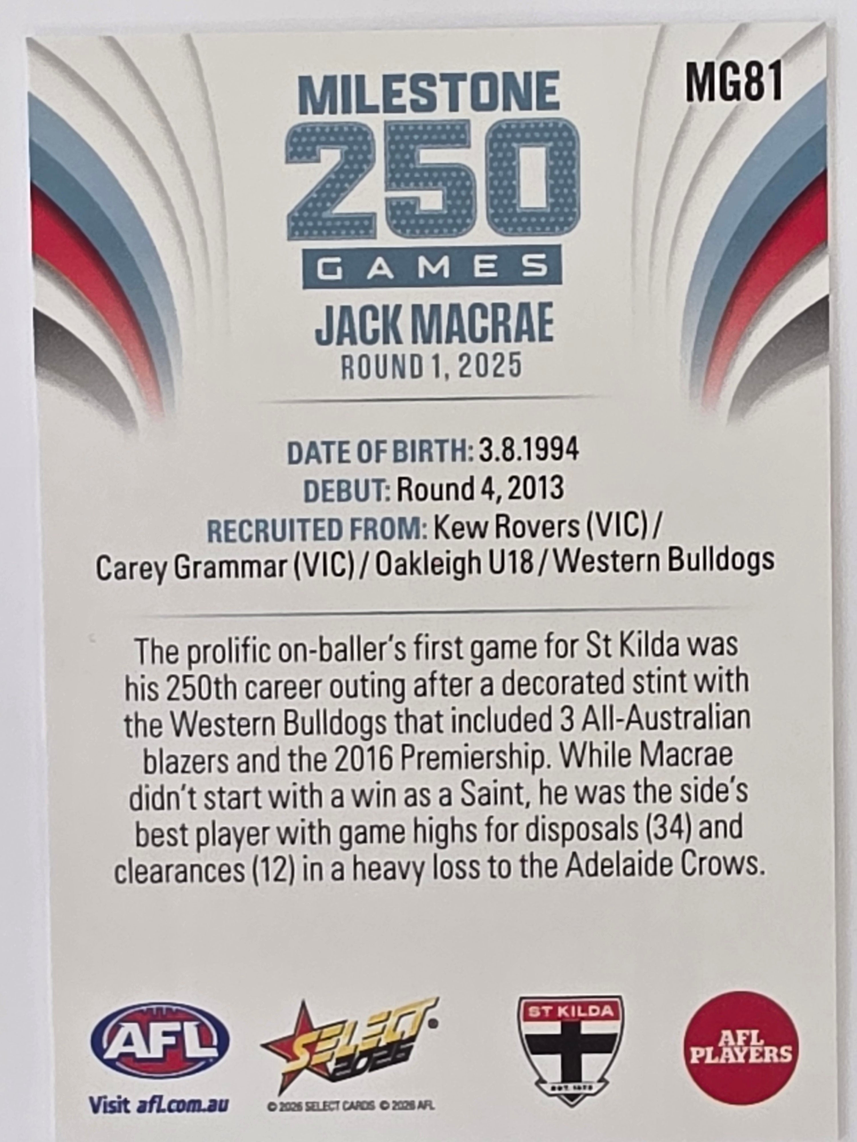 2026 AFL Footy Stars Milestone Games MG81 Jack Macrae - St Kilda Saints