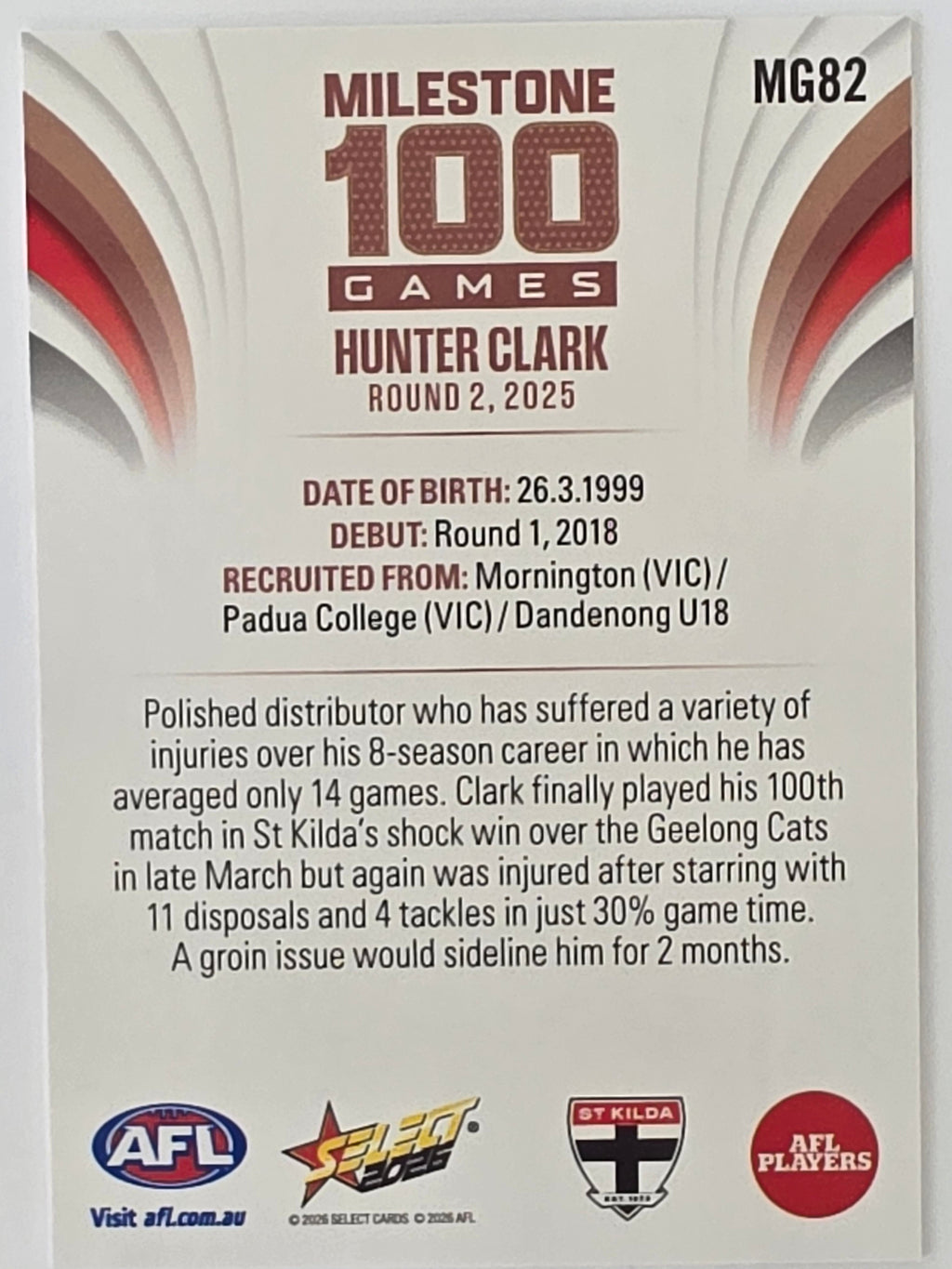 2026 AFL Footy Stars Milestone Games MG82 Hunter Clark - St Kilda Saints