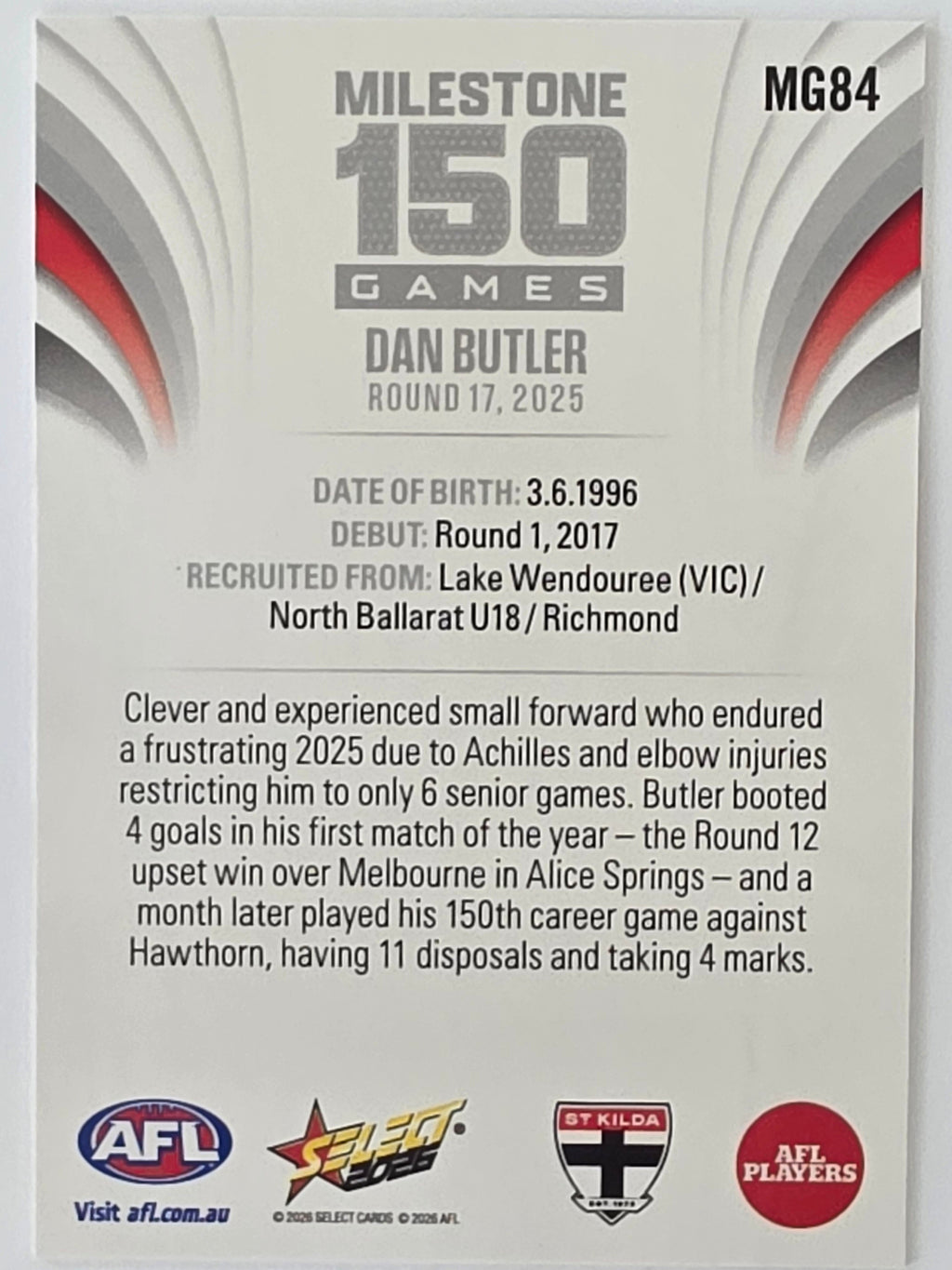 2026 AFL Footy Stars Milestone Games MG84 Dan Butler - St Kilda Saints