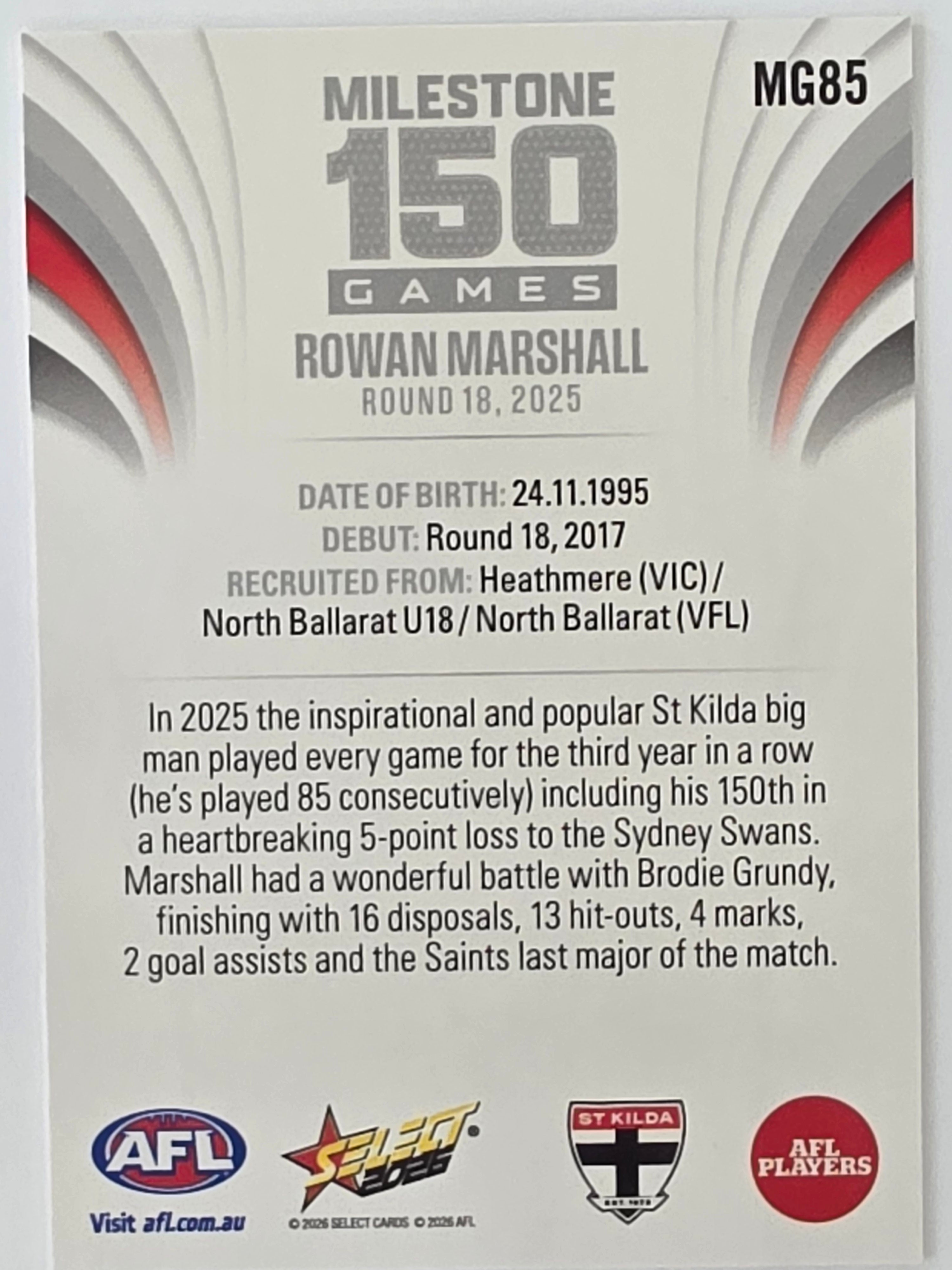 2026 AFL Footy Stars Milestone Games MG85 Rowan Marshall - St Kilda Saints