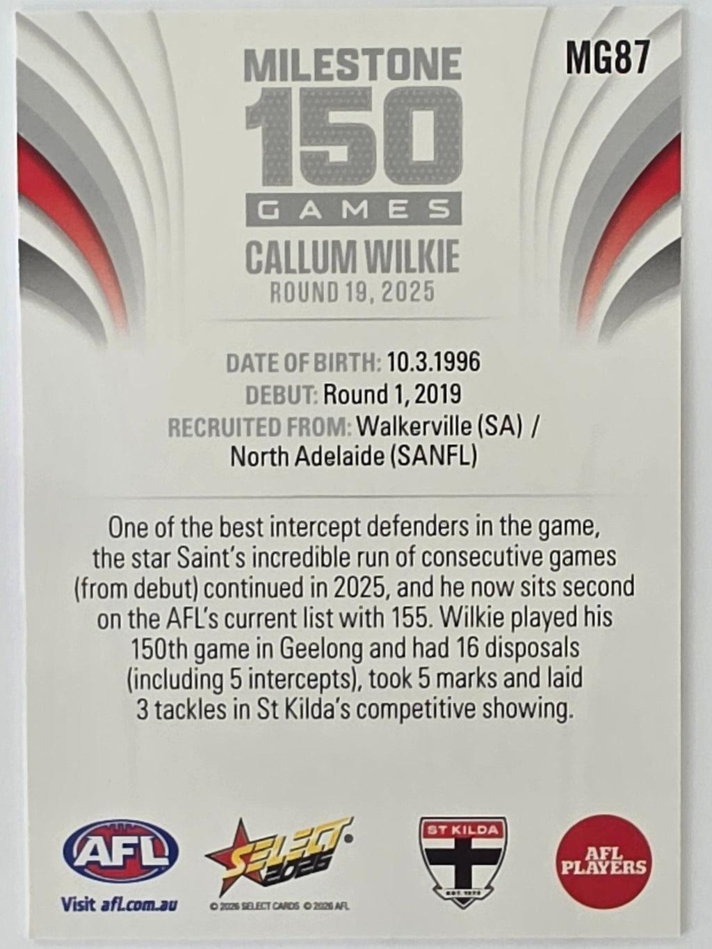 2026 AFL Footy Stars Milestone Games MG87 Callum Wilkie - St Kilda Saints
