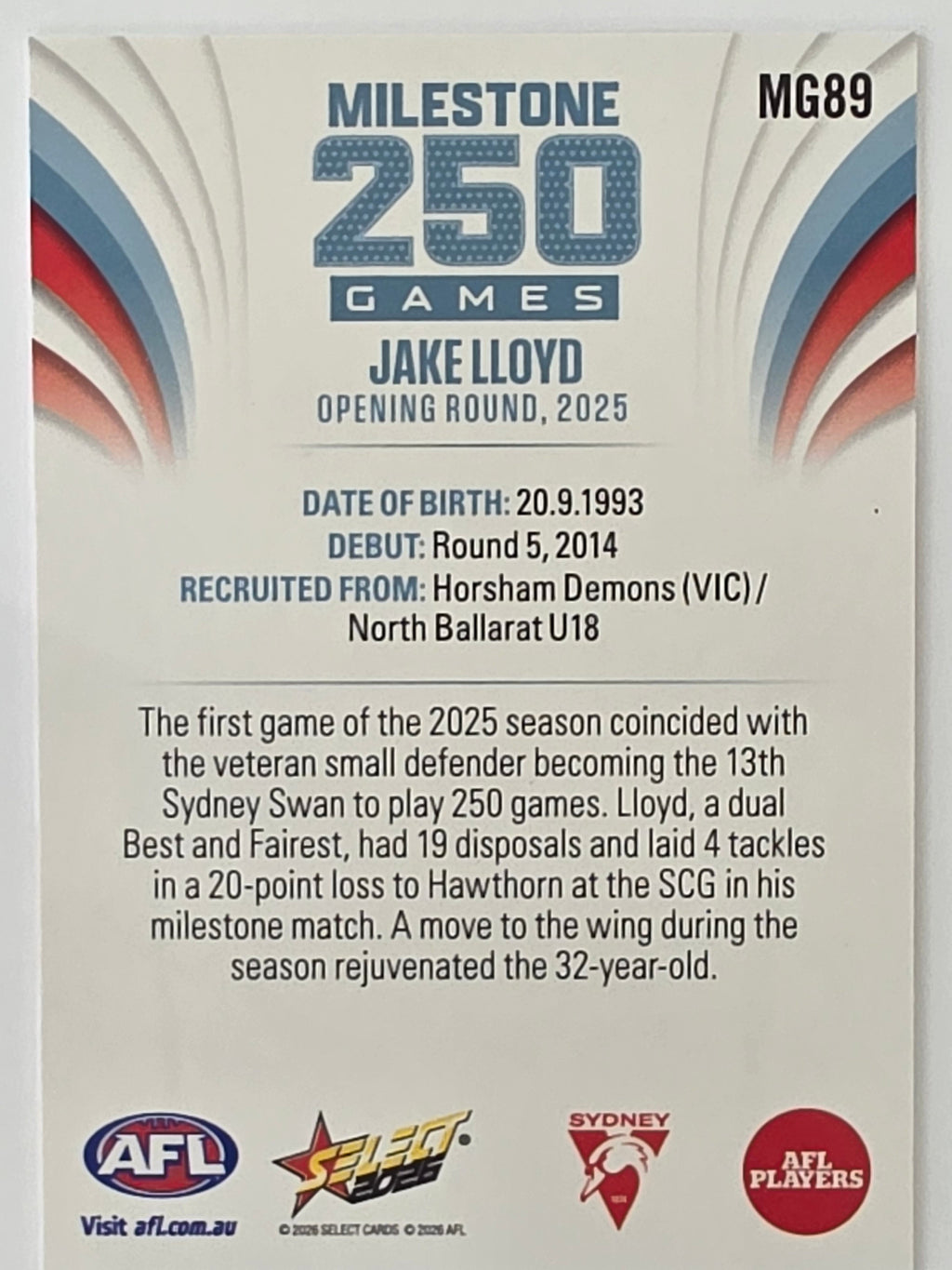 2026 AFL Footy Stars Milestone Games MG89 Jake Lloyd - Sydney Swans