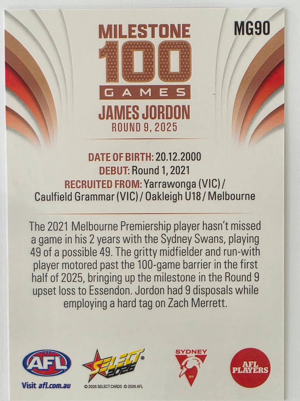 2026 AFL Footy Stars Milestone Games MG9 James Jordon - Sydney Swans