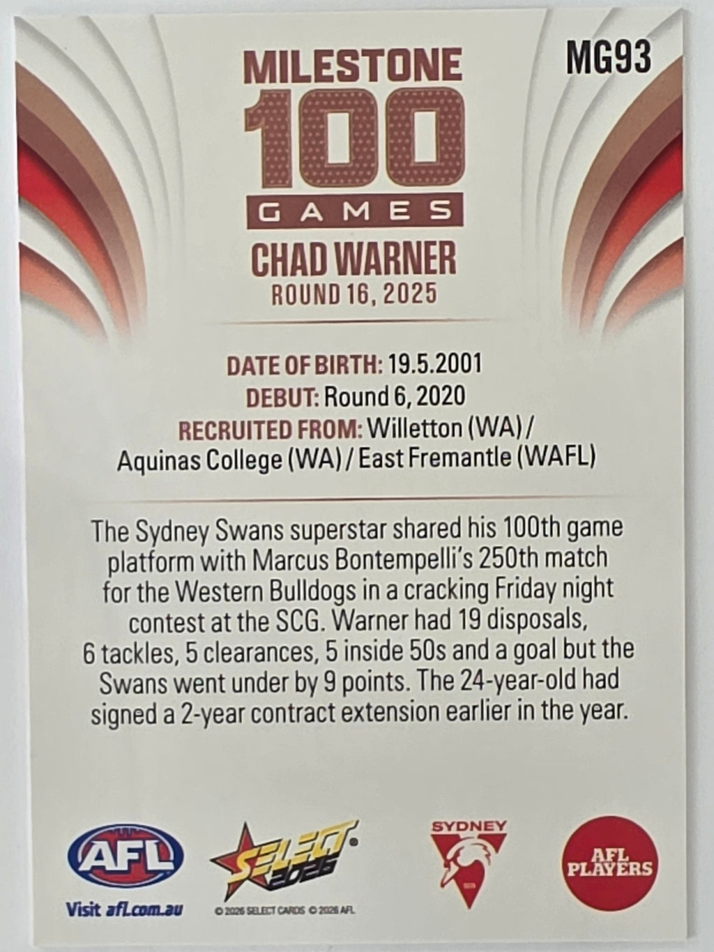 2026 AFL Footy Stars Milestone Games MG93 Chad Warner - Sydney Swans