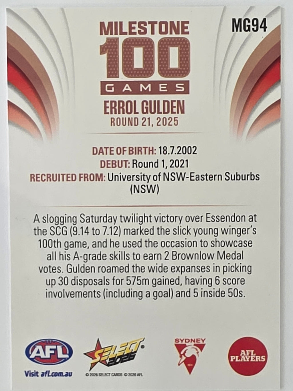 2026 AFL Footy Stars Milestone Games MG94 Errol Gulden - Sydney Swans