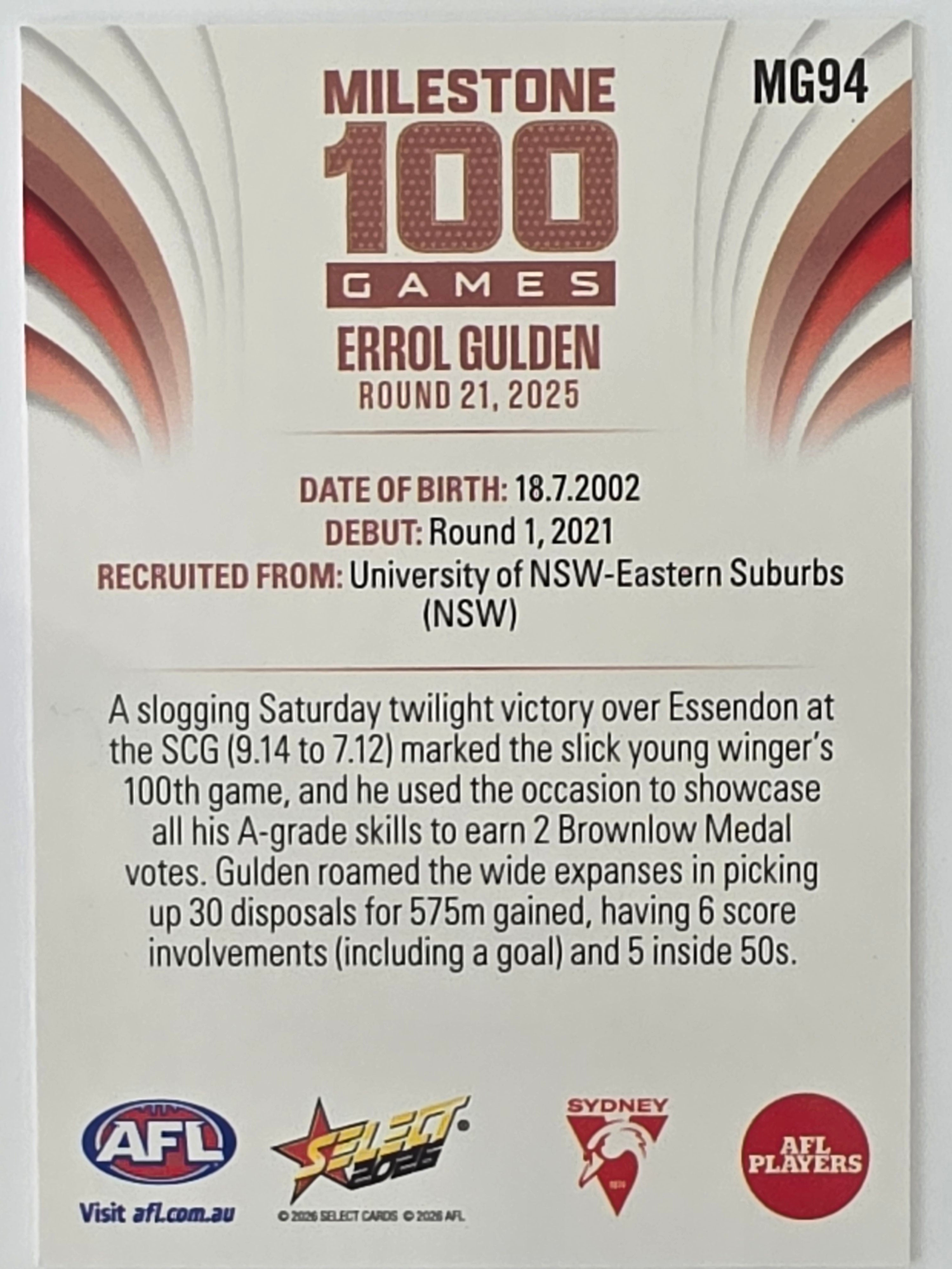 2026 AFL Footy Stars Milestone Games MG94 Errol Gulden - Sydney Swans