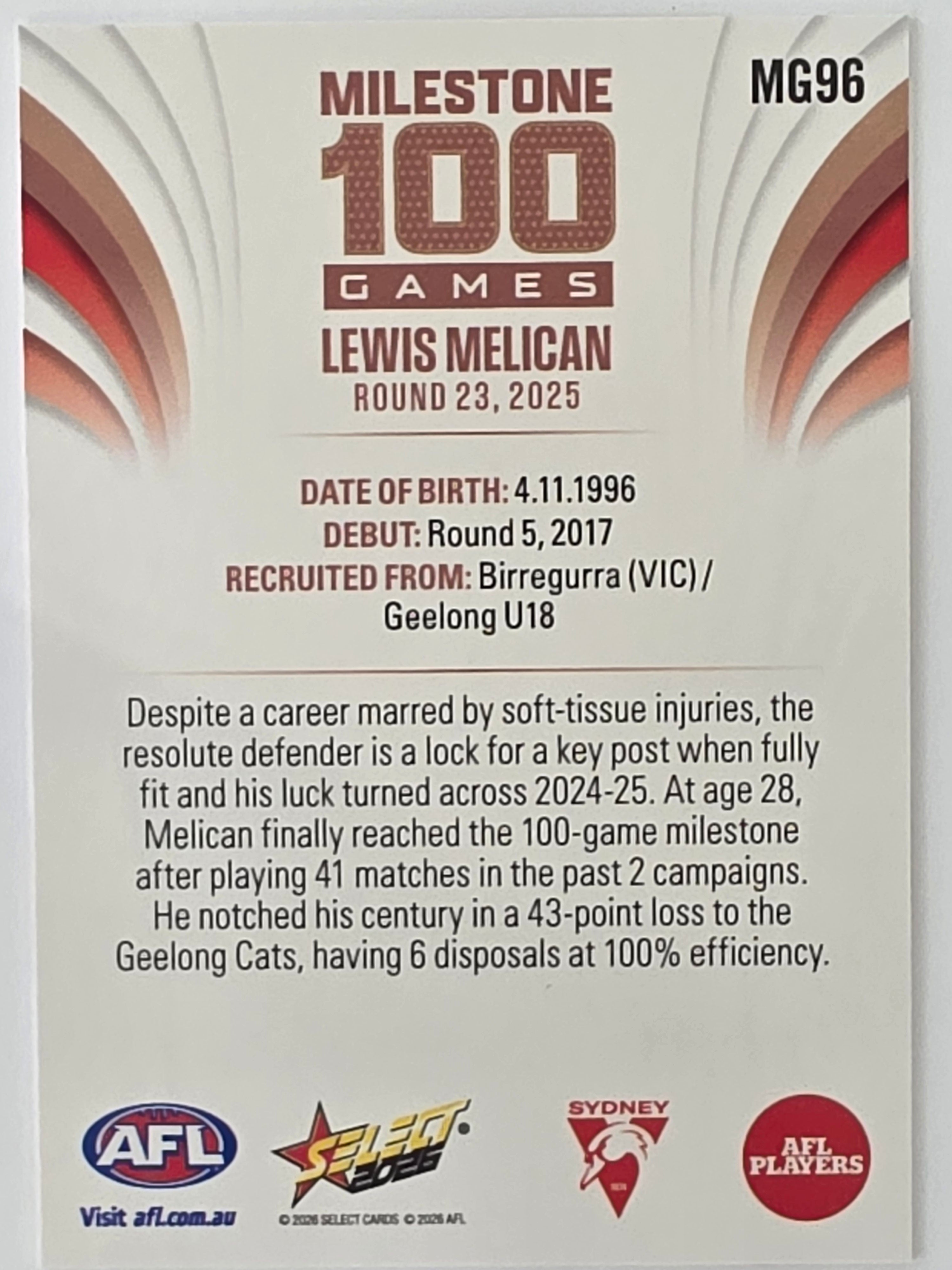 2026 AFL Footy Stars Milestone Games MG96 Lewis Melican - Sydney Swans