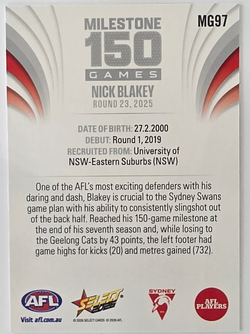 2026 AFL Footy Stars Milestone Games MG97 Nick Blakey - Sydney Swans