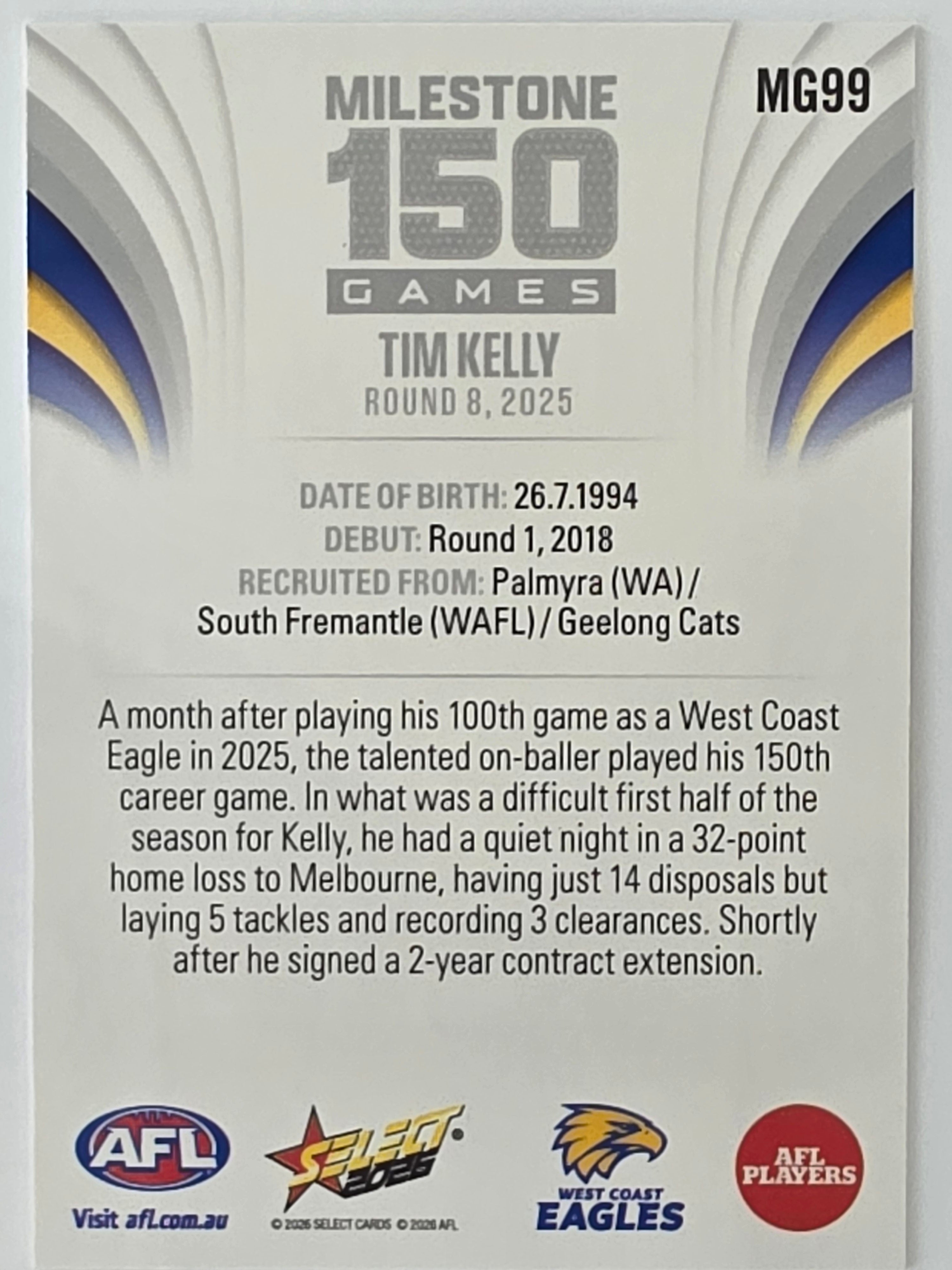2026 AFL Footy Stars Milestone Games MG99 Tim Kelly - West Coast Eagles