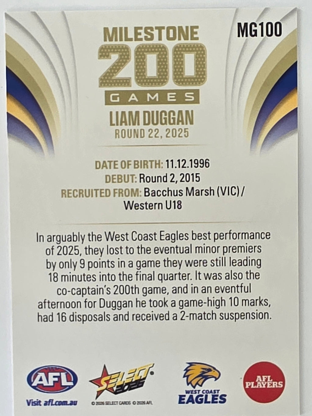 2026 AFL Footy Stars Milestone Games MG100 Liam Duggan - West Coast Eagles
