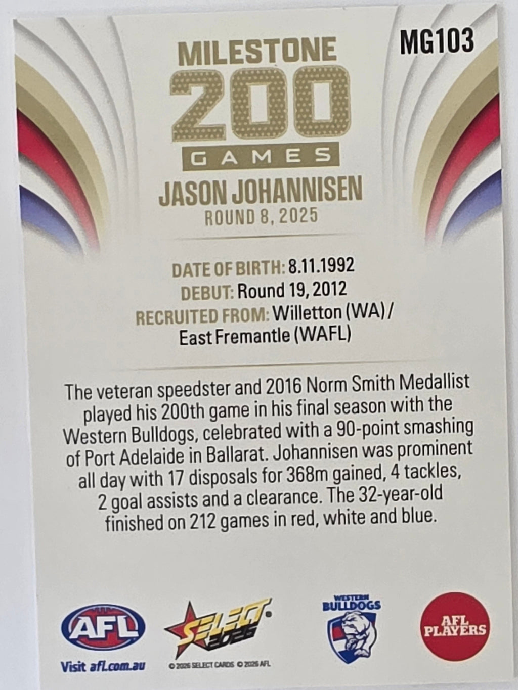 2026 AFL Footy Stars Milestone Games MG103 Jason Johannisen - Western Bulldogs