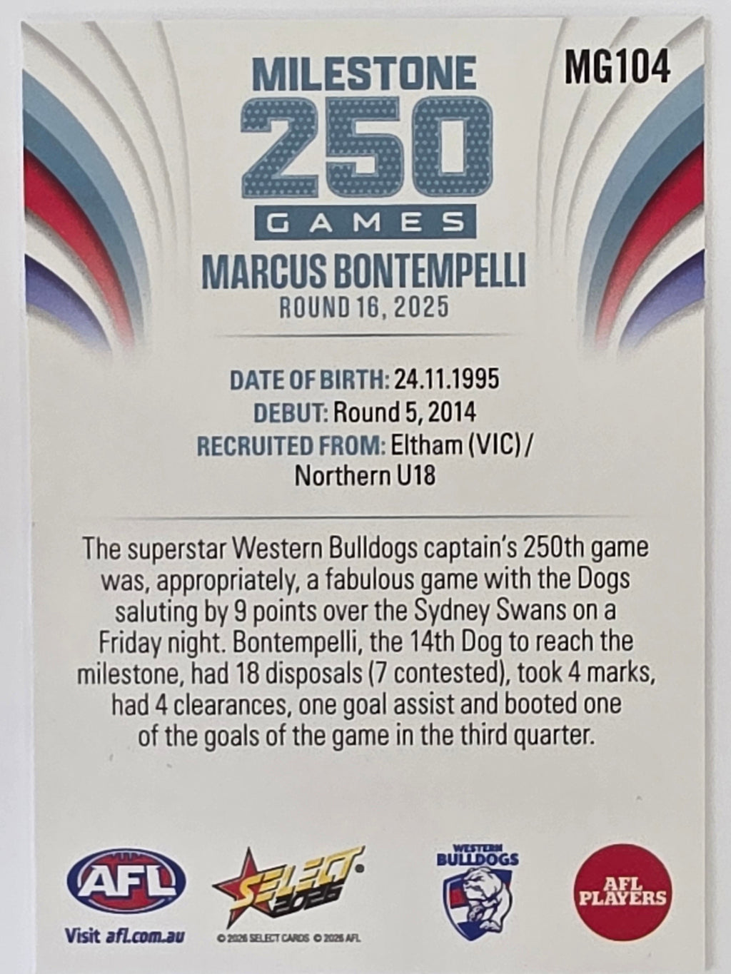 2026 AFL Footy Stars Milestone Games MG104 Marcus Bontempelli - Western Bulldogs