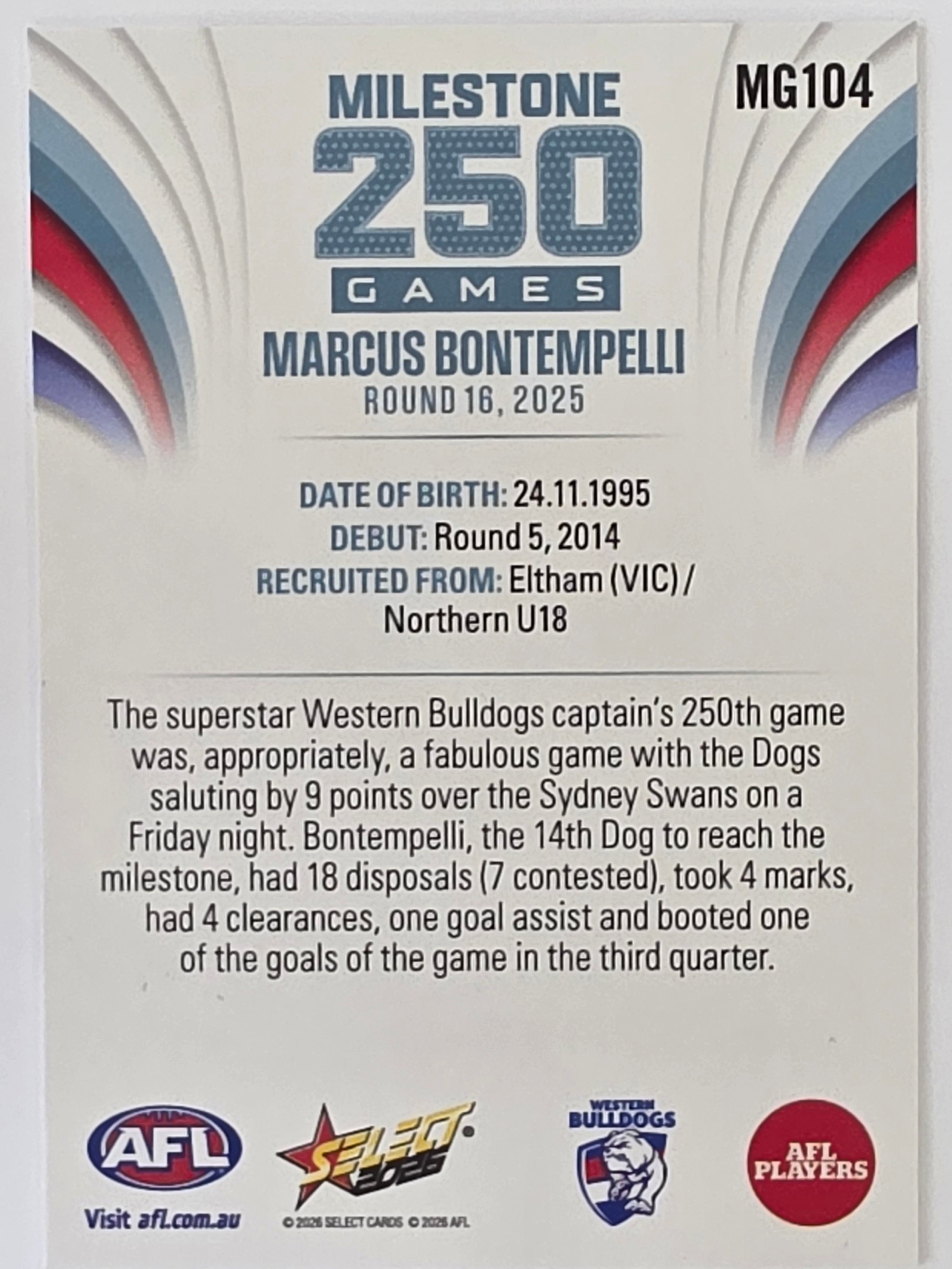 2026 AFL Footy Stars Milestone Games MG104 Marcus Bontempelli - Western Bulldogs