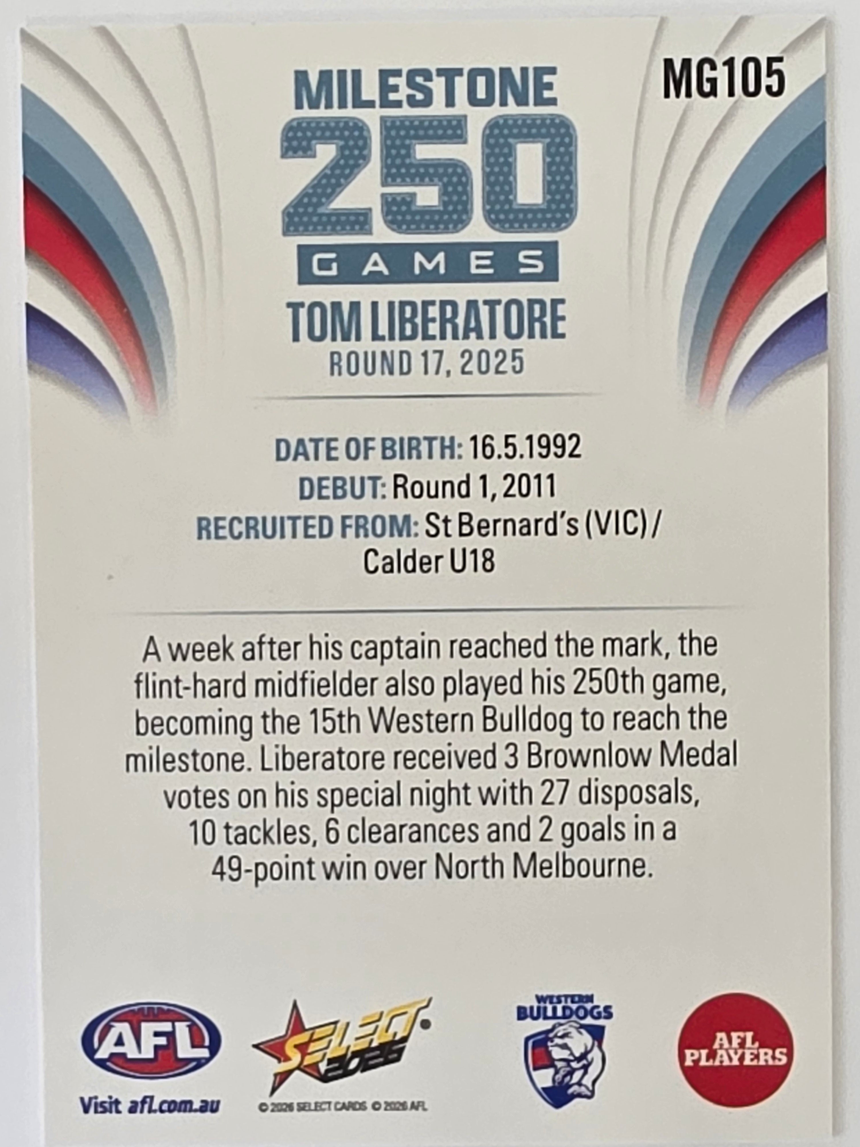 2026 AFL Footy Stars Milestone Games MG105 Tom Liberatore - Western Bulldogs