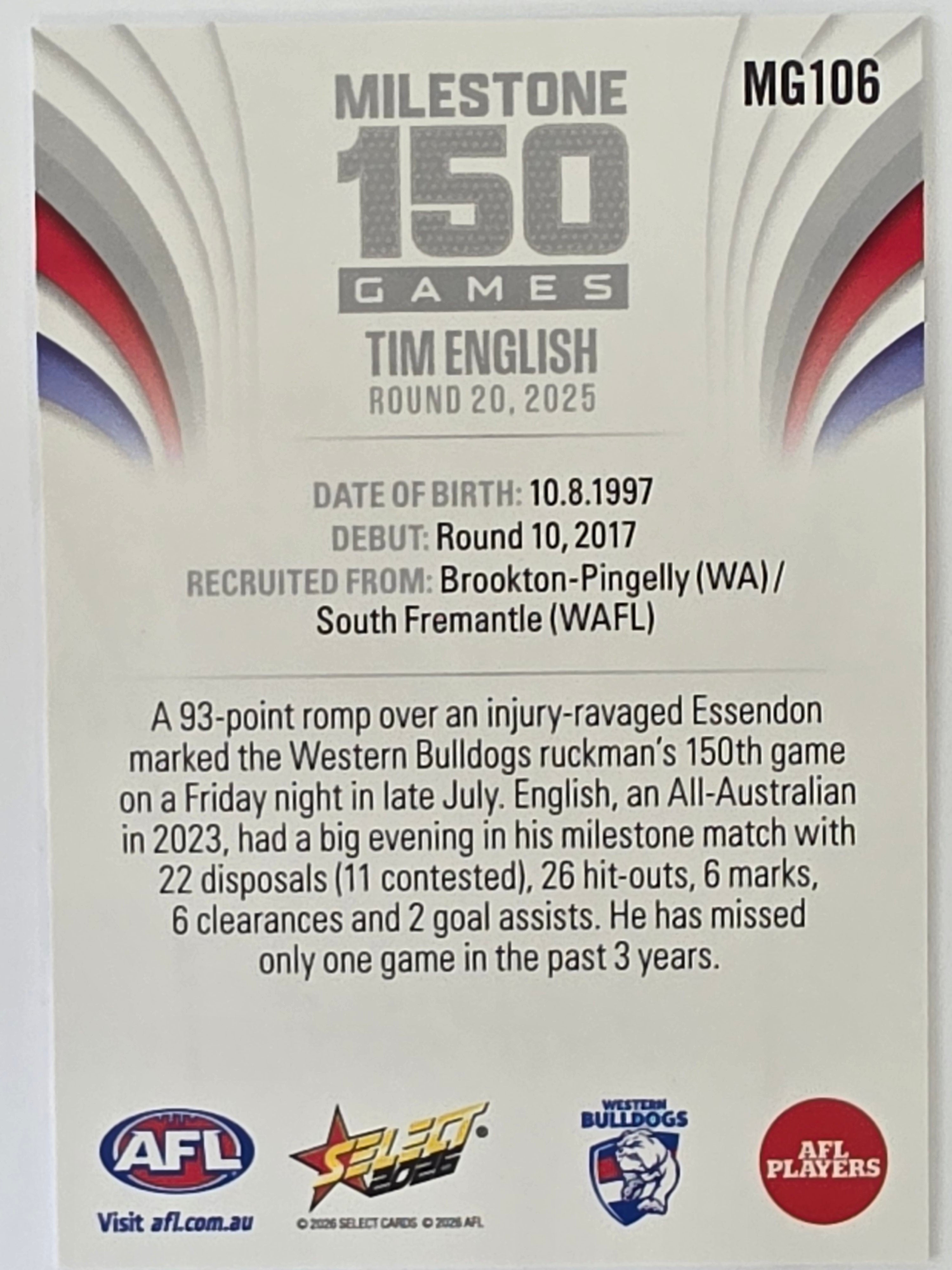 2026 AFL Footy Stars Milestone Games MG106 Tim English - Western Bulldogs