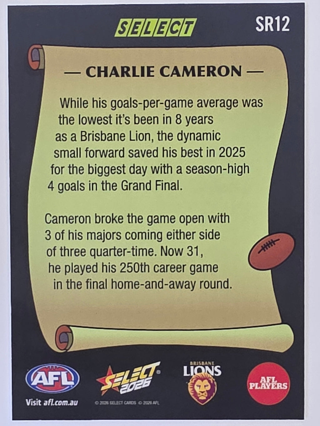 2026 AFL Footy Stars Select Rewind SR12 Charlie Cameron - Brisbane Lions