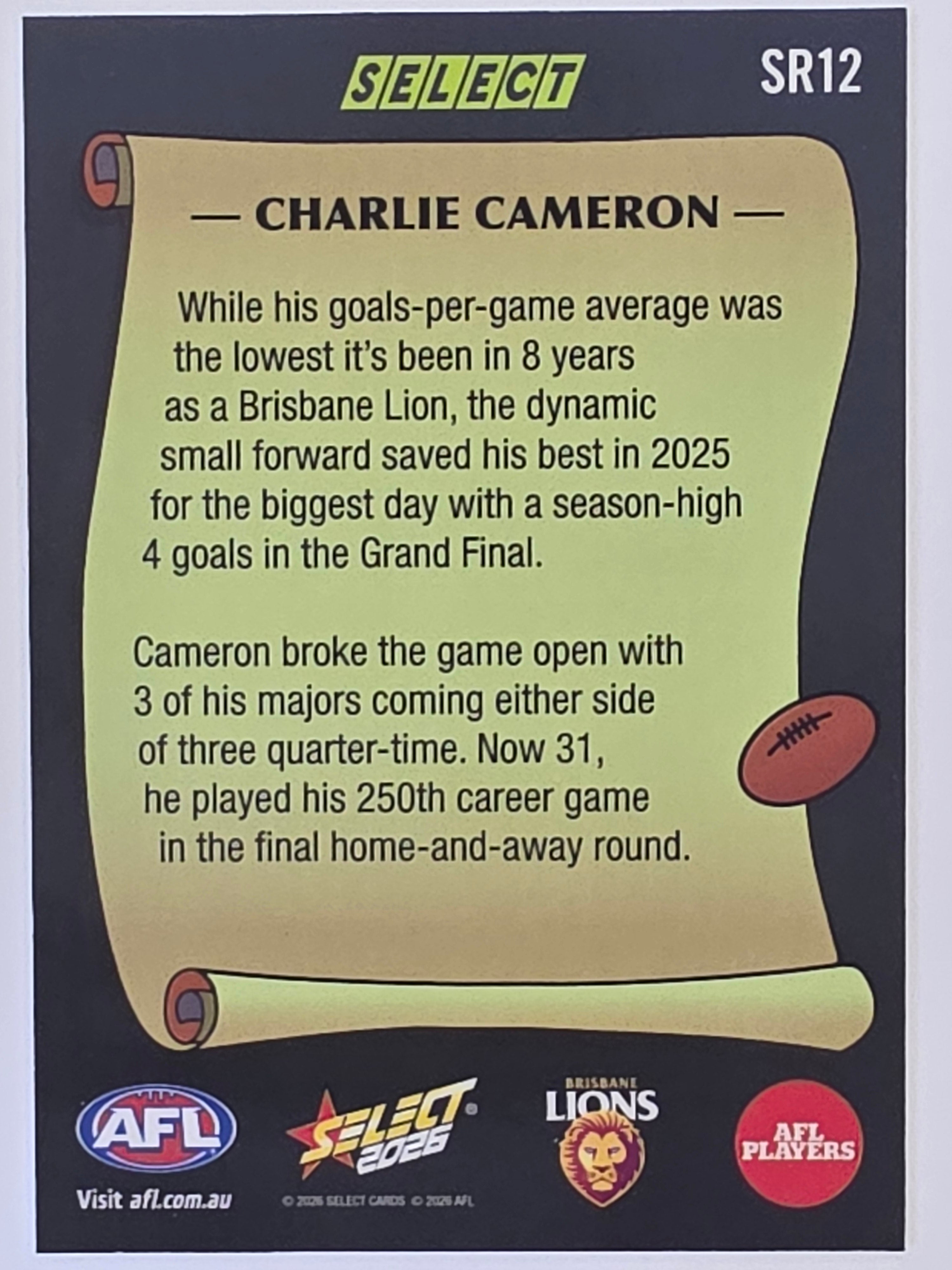 2026 AFL Footy Stars Select Rewind SR12 Charlie Cameron - Brisbane Lions