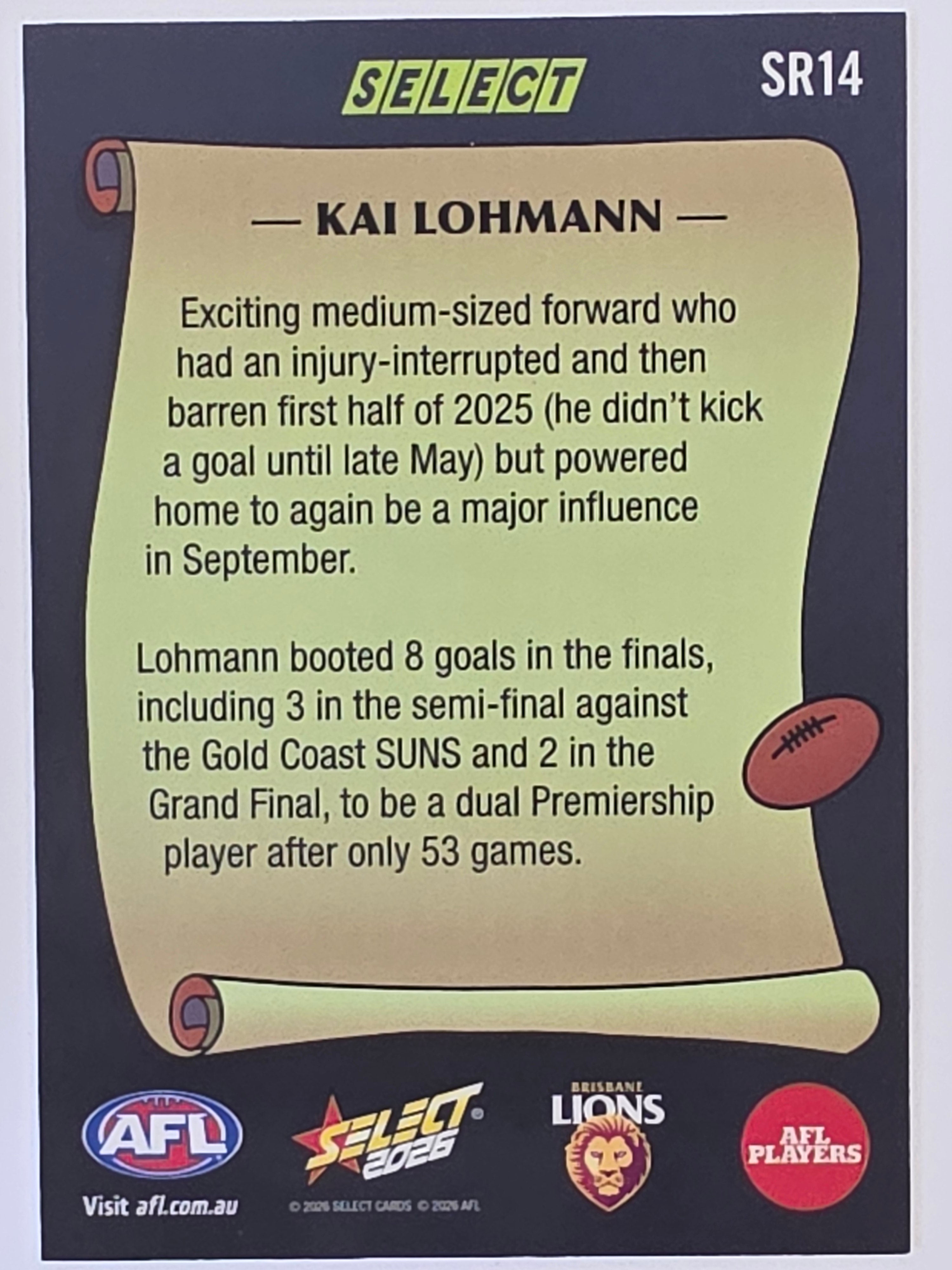 2026 AFL Footy Stars Select Rewind SR14 Kai Lohmann - Brisbane Lions