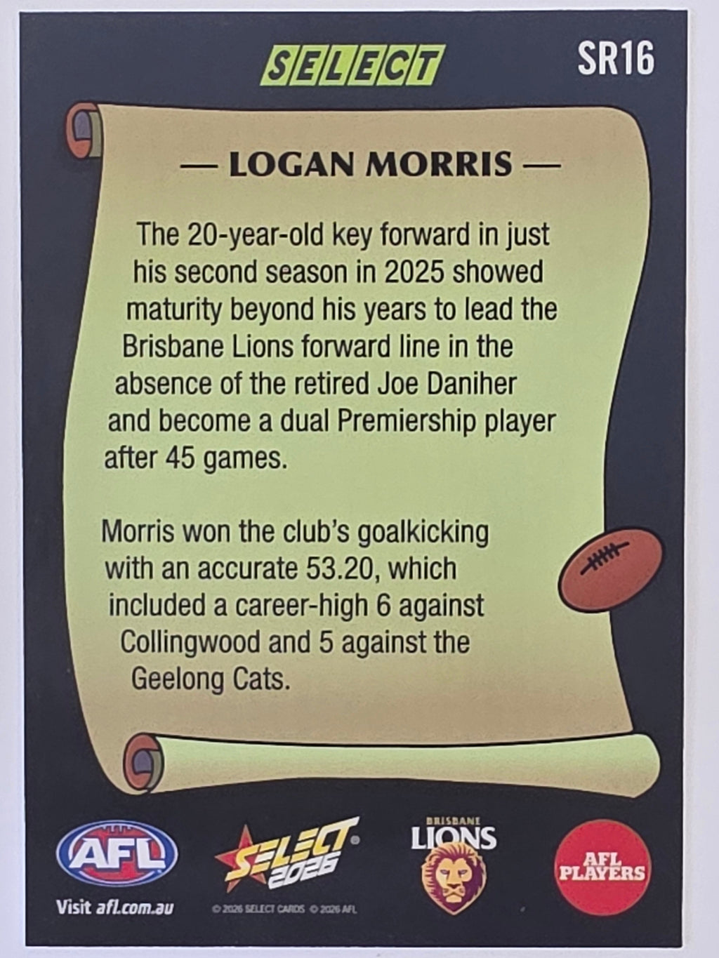 2026 AFL Footy Stars Select Rewind SR16 Logan Morris - Brisbane Lions