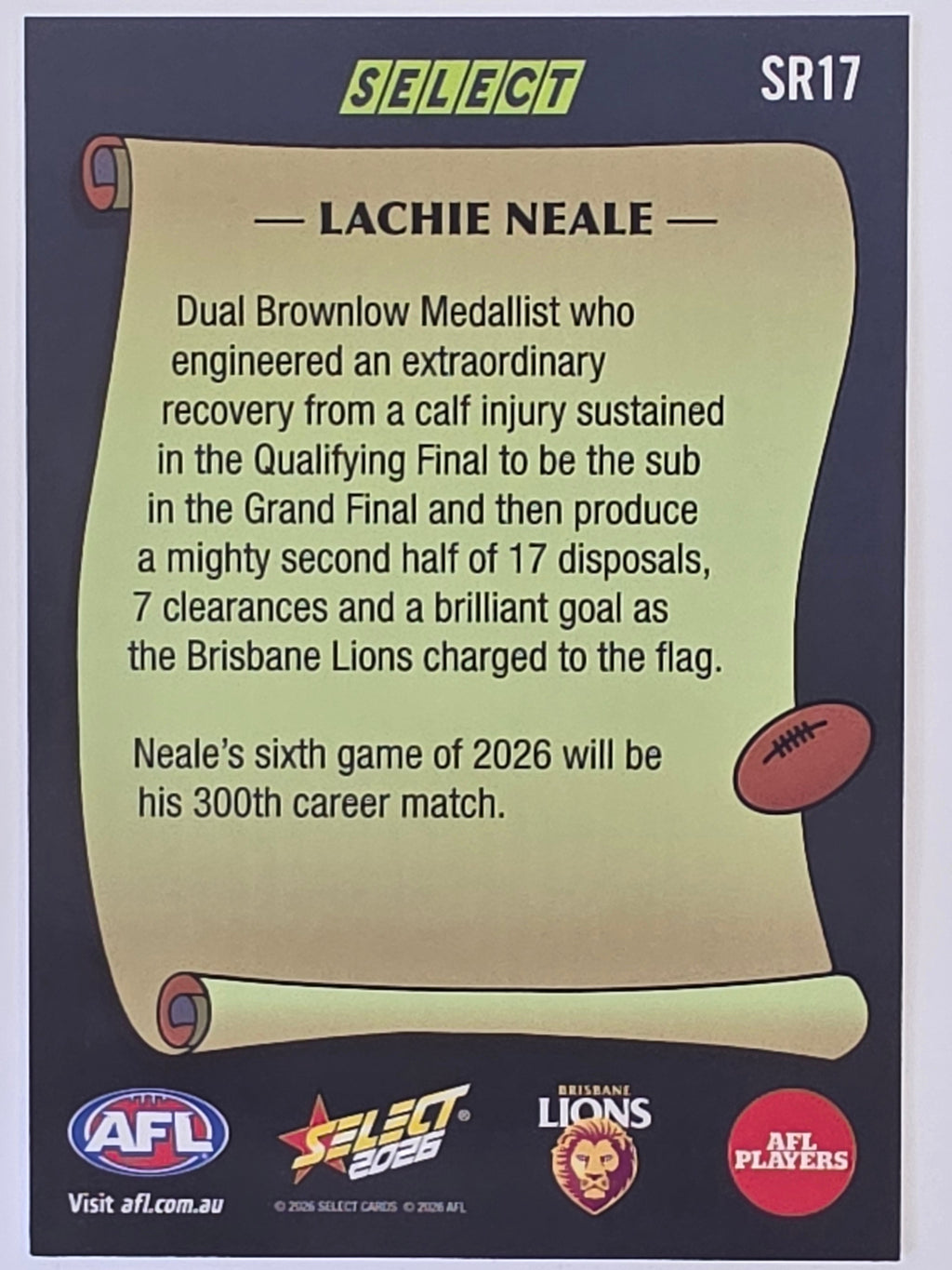 2026 AFL Footy Stars Select Rewind SR17 Lachie Neale - Brisbane Lions