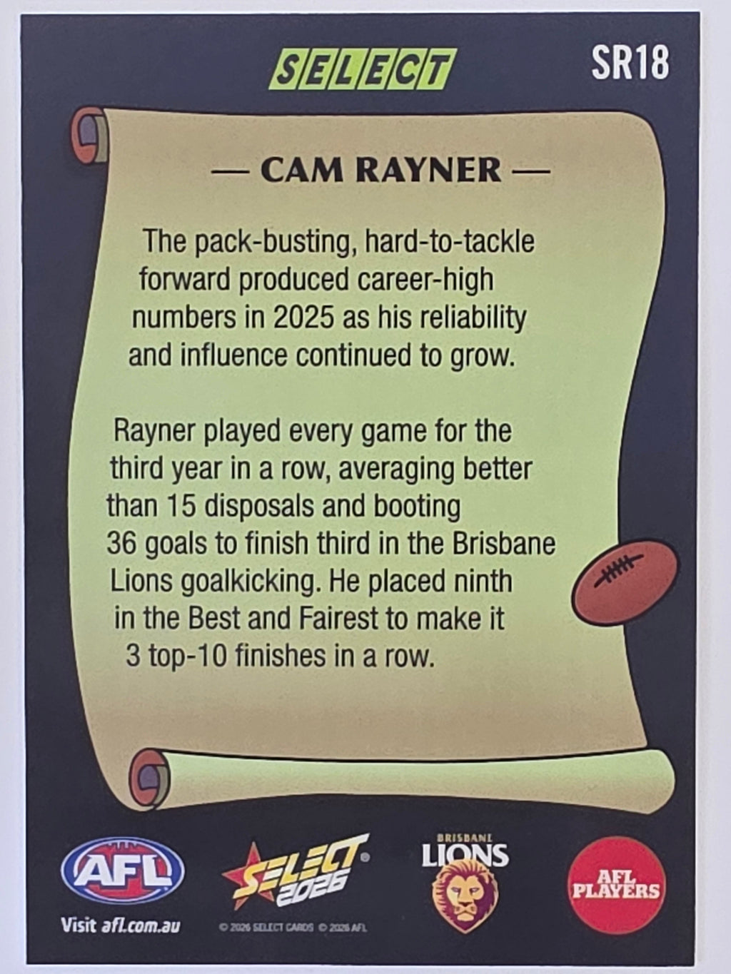2026 AFL Footy Stars Select Rewind SR18 Cam Rayner - Brisbane Lions
