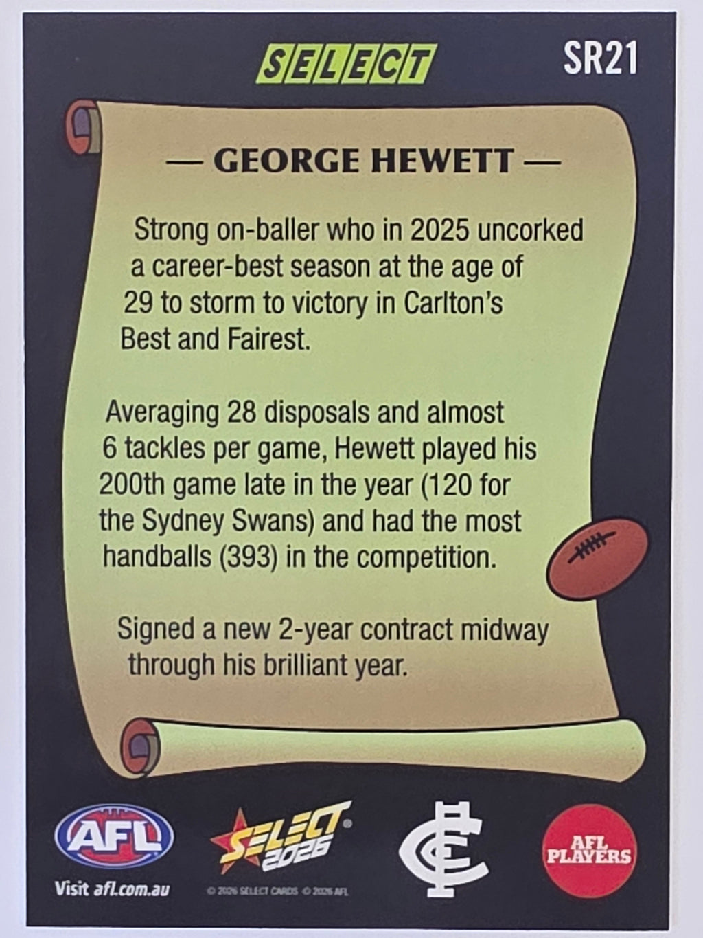 2026 AFL Footy Stars Select Rewind SR21 George Hewett - Carlton Blues