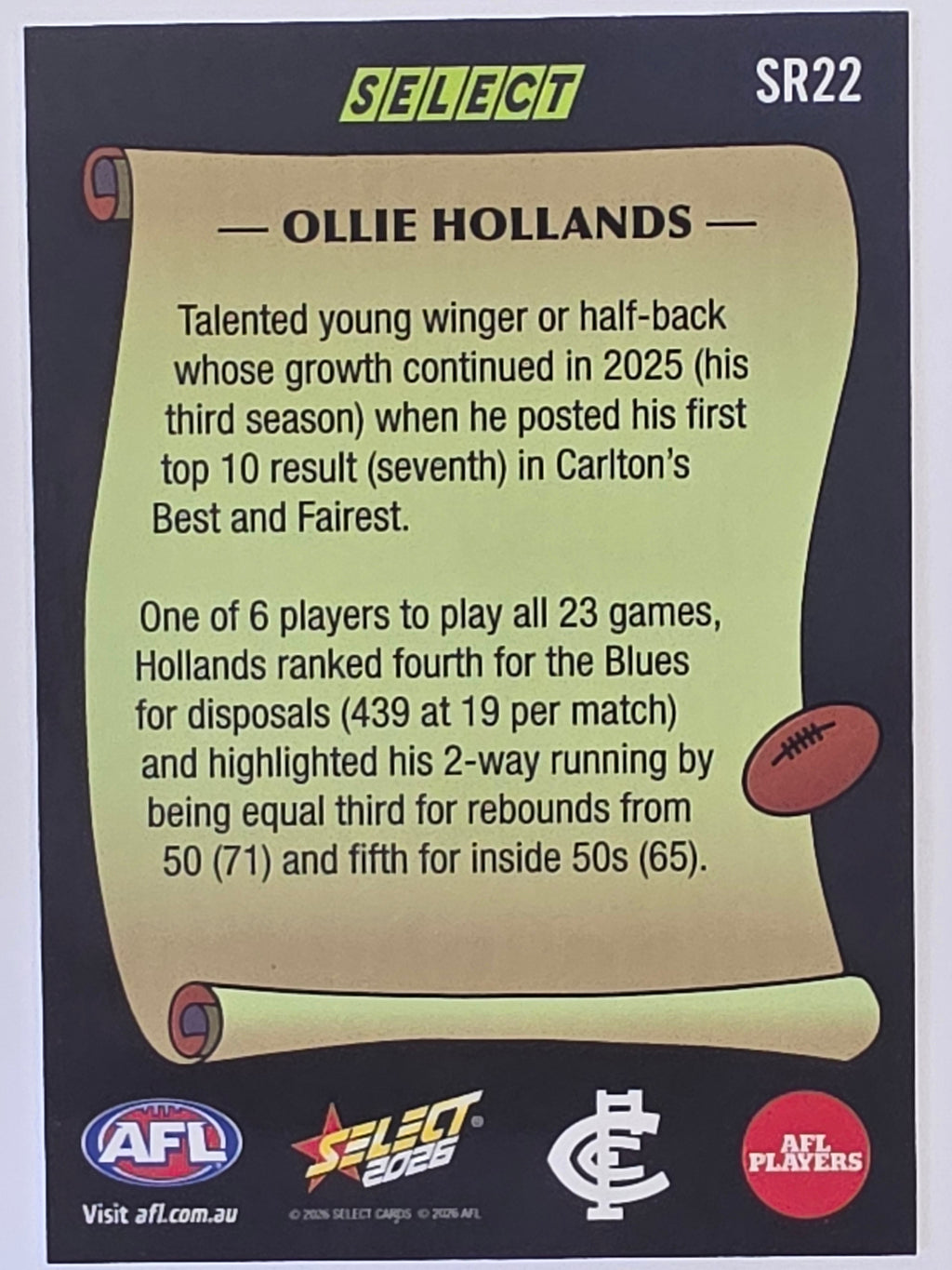 2026 AFL Footy Stars Select Rewind SR22 Ollie Hollands - Carlton Blues
