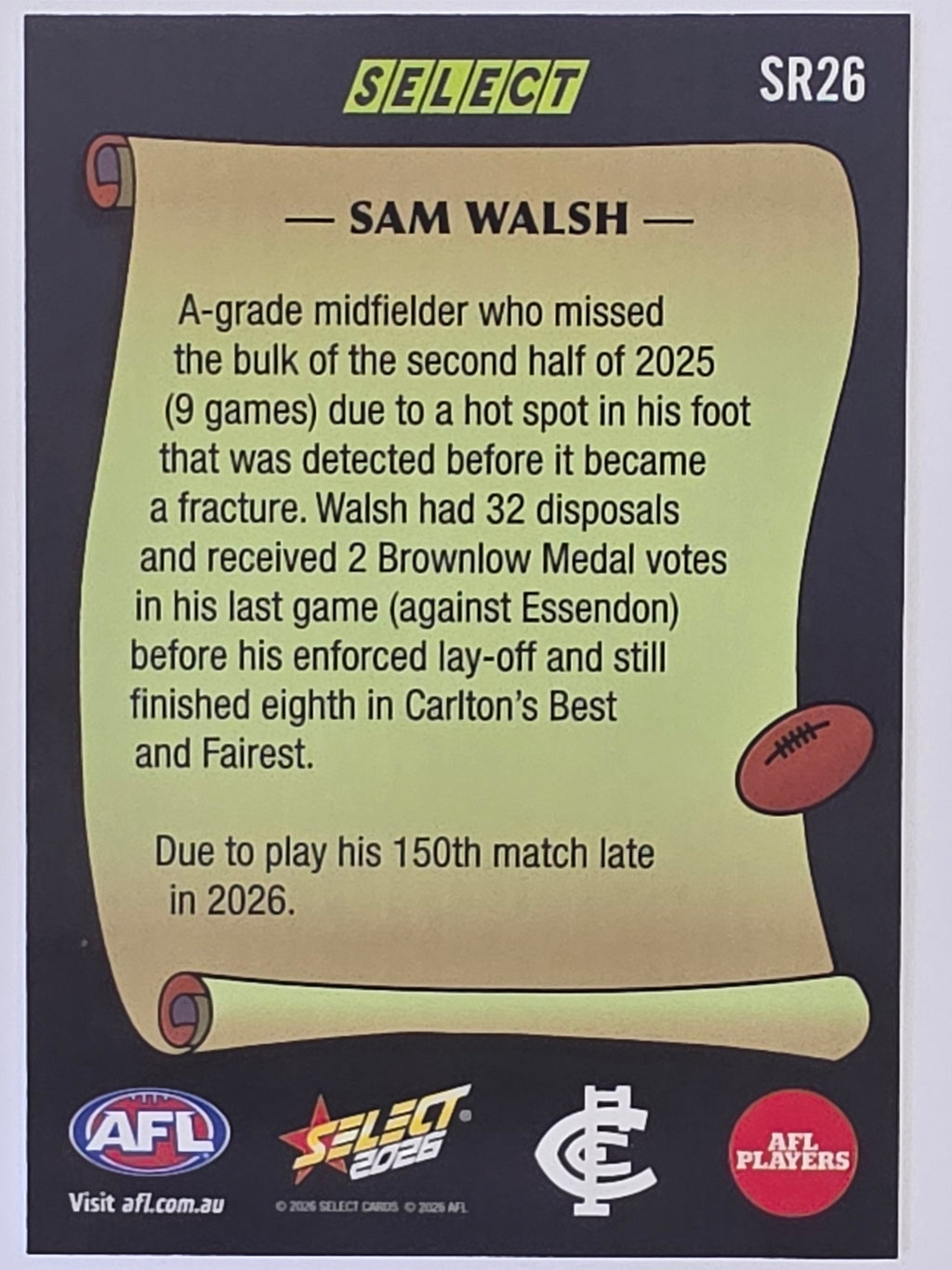 2026 AFL Footy Stars Select Rewind SR26 Sam Walsh - Carlton Blues