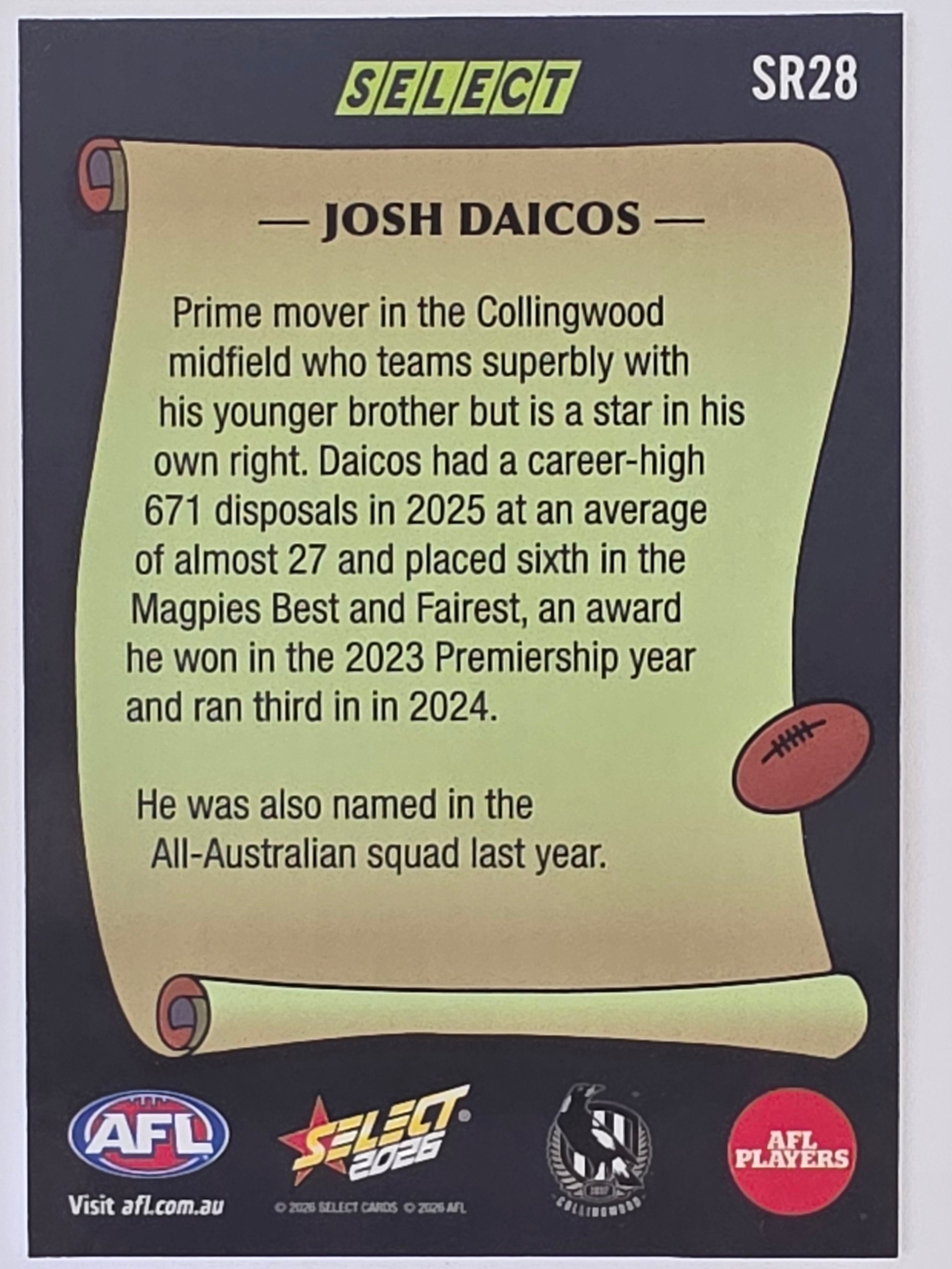 2026 AFL Footy Stars Select Rewind SR28 Josh Daicos - Collingwood Magpies