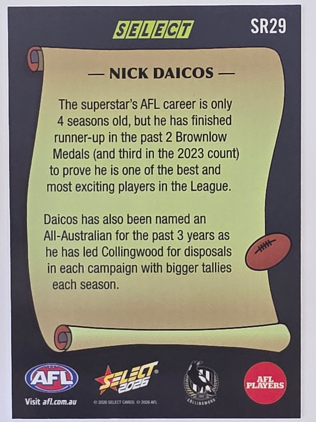 2026 AFL Footy Stars Select Rewind SR29 Nick Daicos - Collingwood Magpies