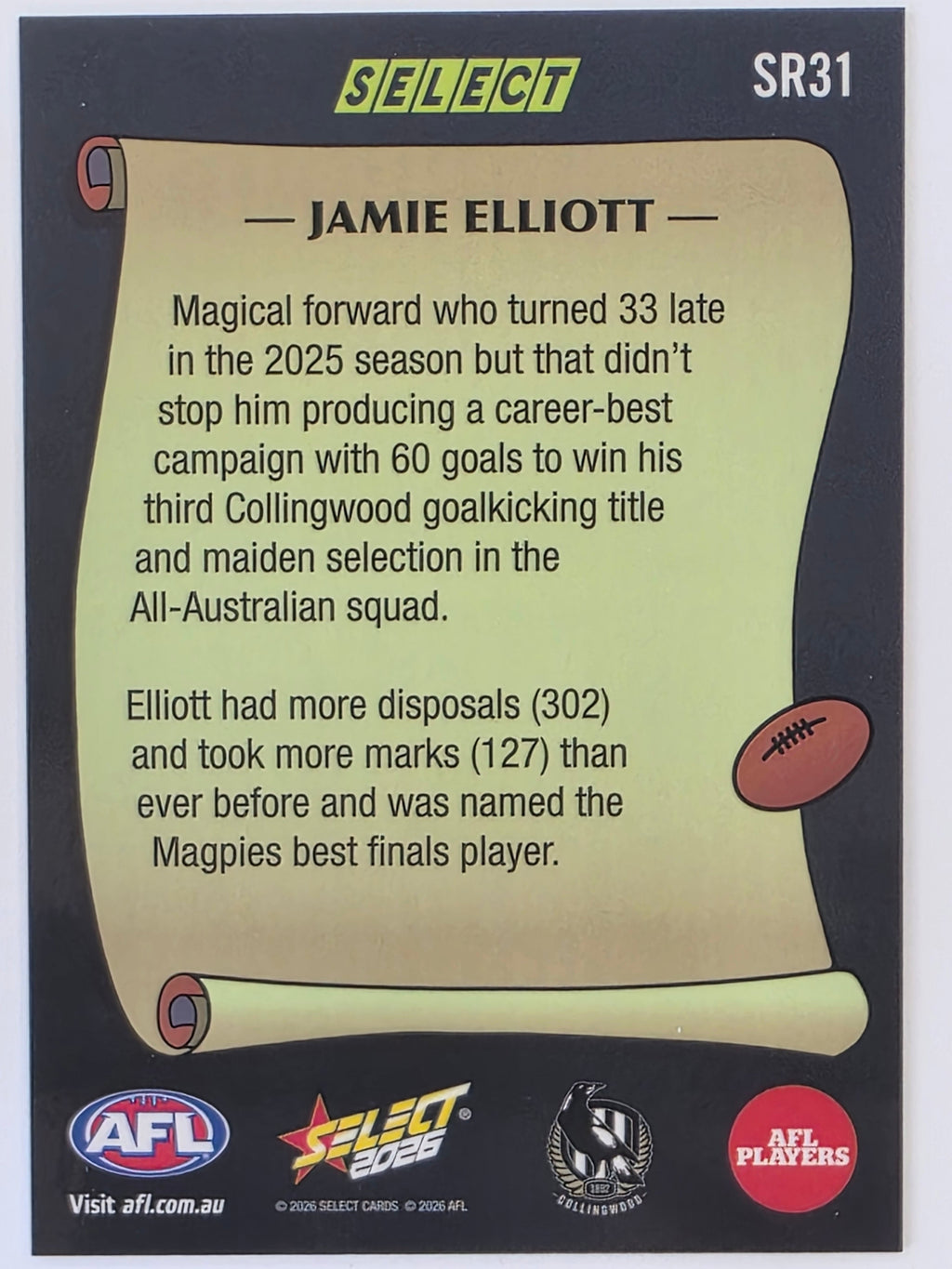 2026 AFL Footy Stars Select Rewind SR31 Jamie Elliott - Collingwood Magpies