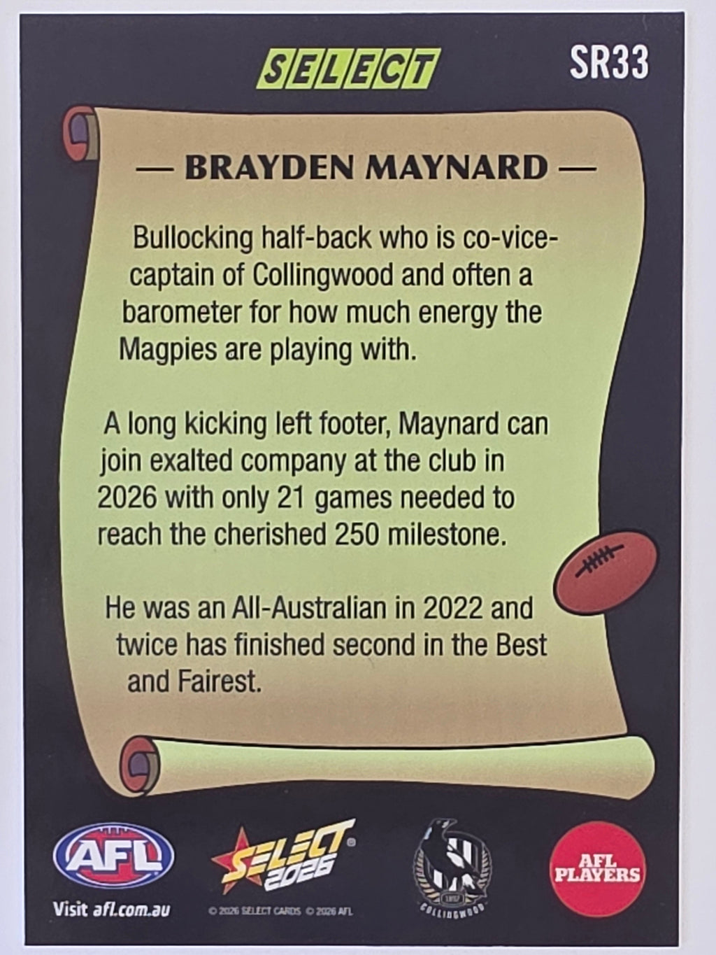 2026 AFL Footy Stars Select Rewind SR33 Brayden Maynard - Collingwood Magpies