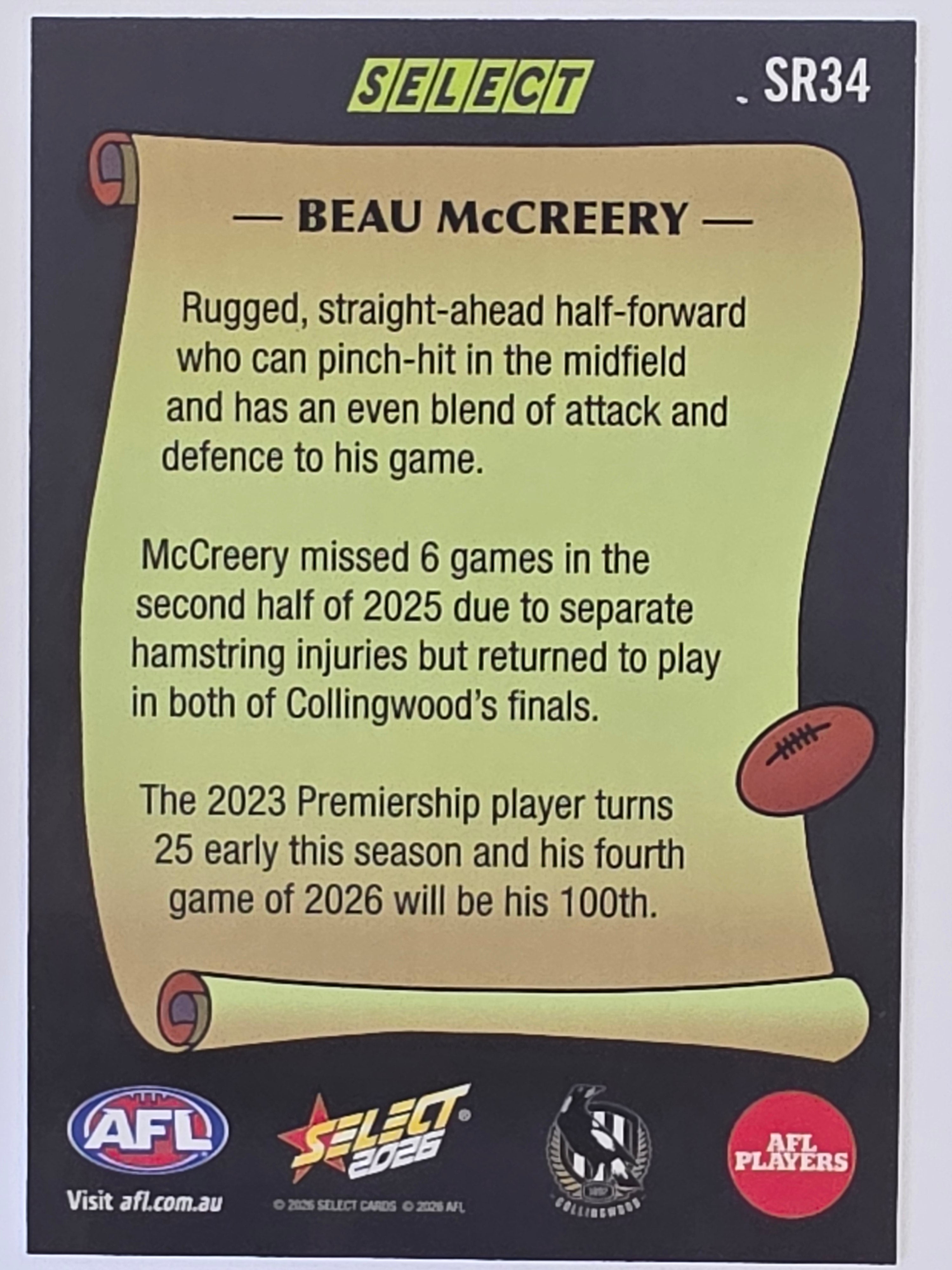 2026 AFL Footy Stars Select Rewind SR34 Beau McCreery - Collingwood Magpies