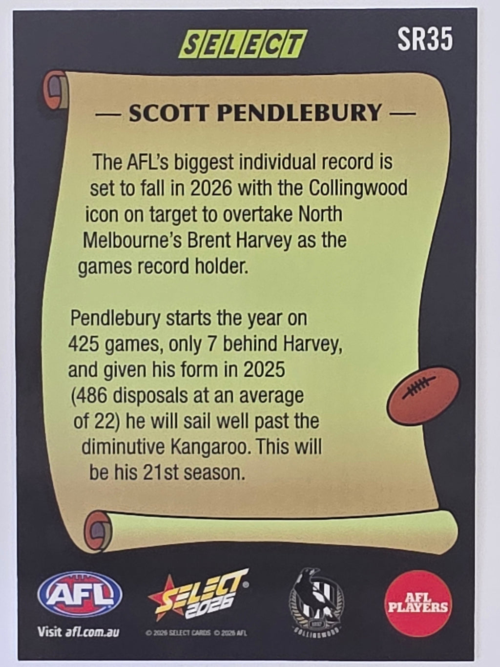 2026 AFL Footy Stars Select Rewind SR35 Scott Pendlebury - Collingwood Magpies