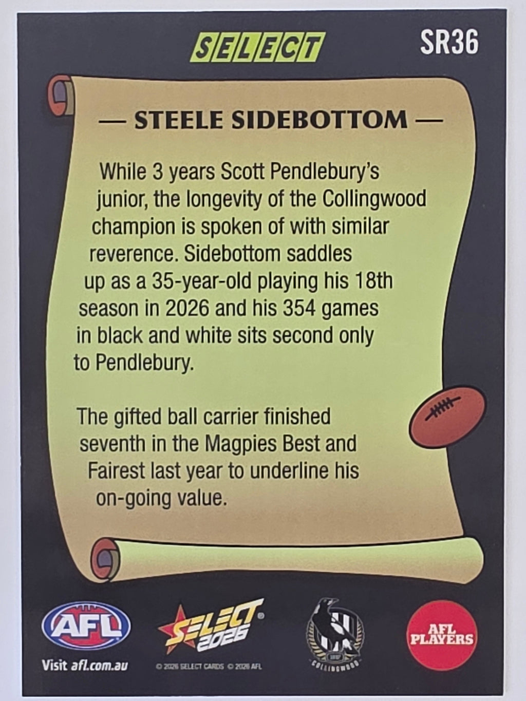 2026 AFL Footy Stars Select Rewind SR36 Steele Sidebottom - Collingwood Magpies