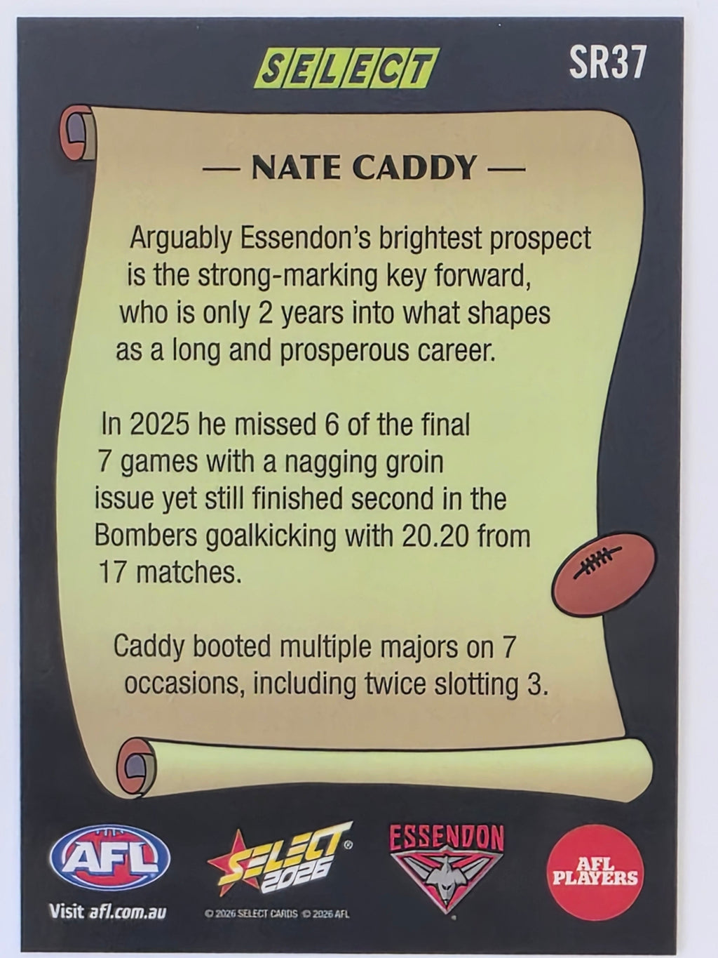 2026 AFL Footy Stars Select Rewind SR37 Nate Caddy - Essendon Bombers